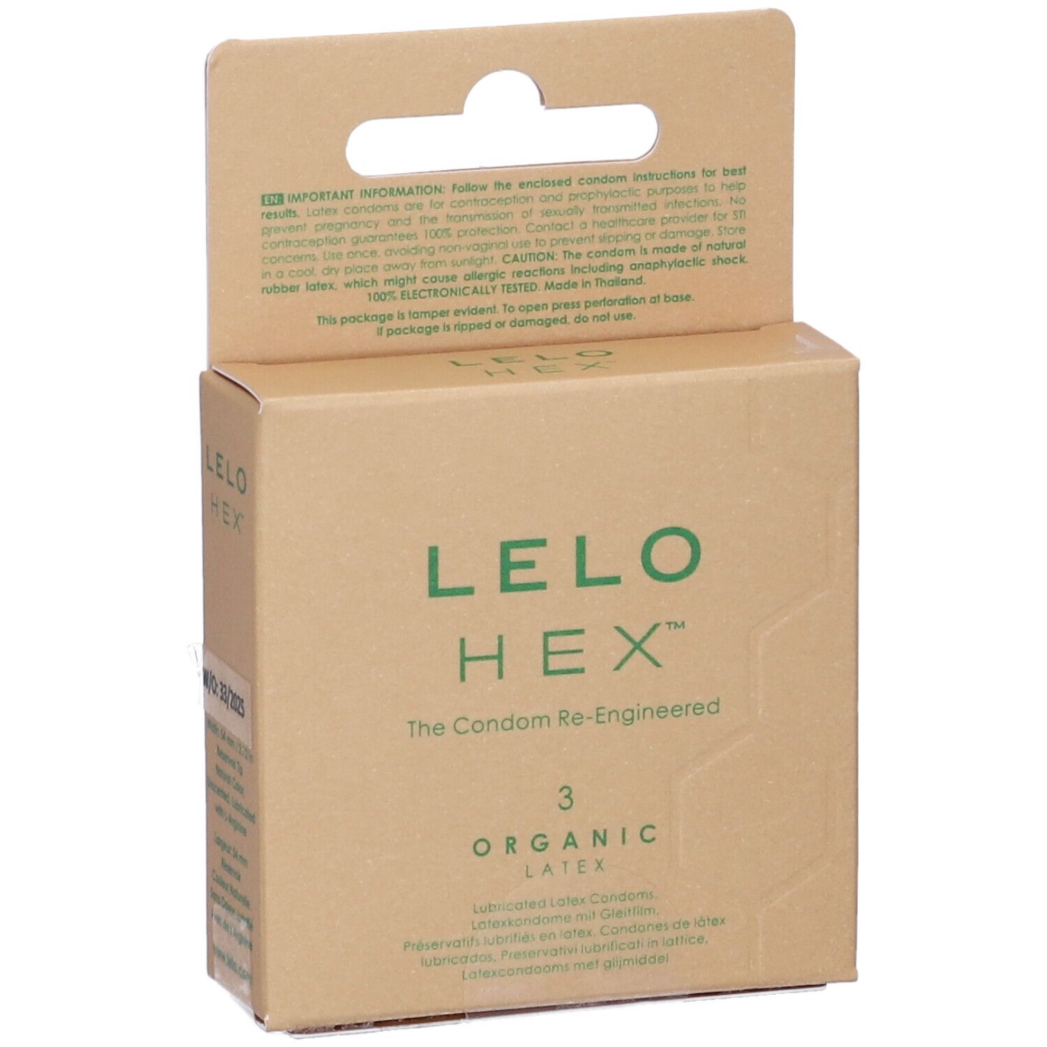 Confezione in cartone LELO HEX con testo. Contiene 3 preservativi in lattice organico. Scritta: The Condom Re-Engineered.