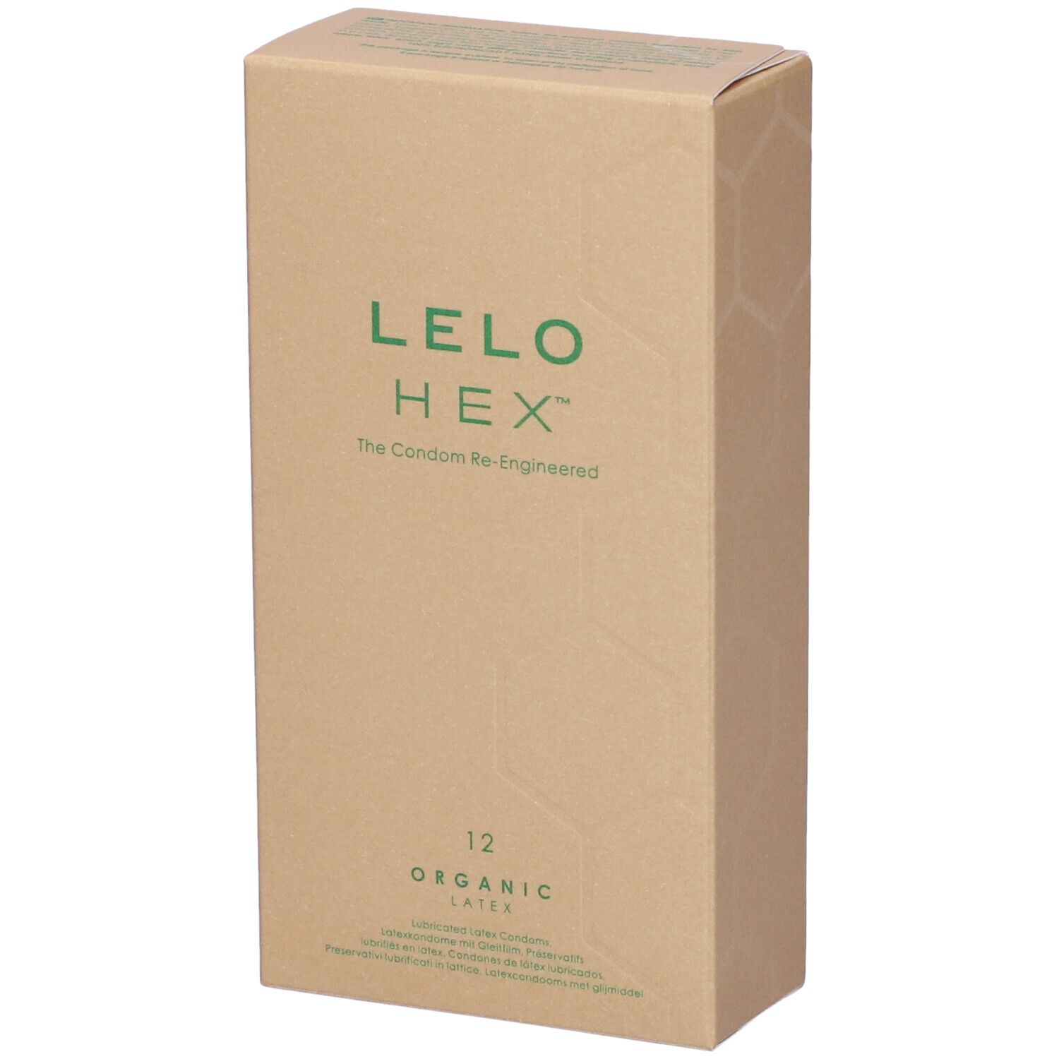 Confezione in cartone con logo LELO HEX e scritta "Organic Latex". Contiene 12 preservativi.