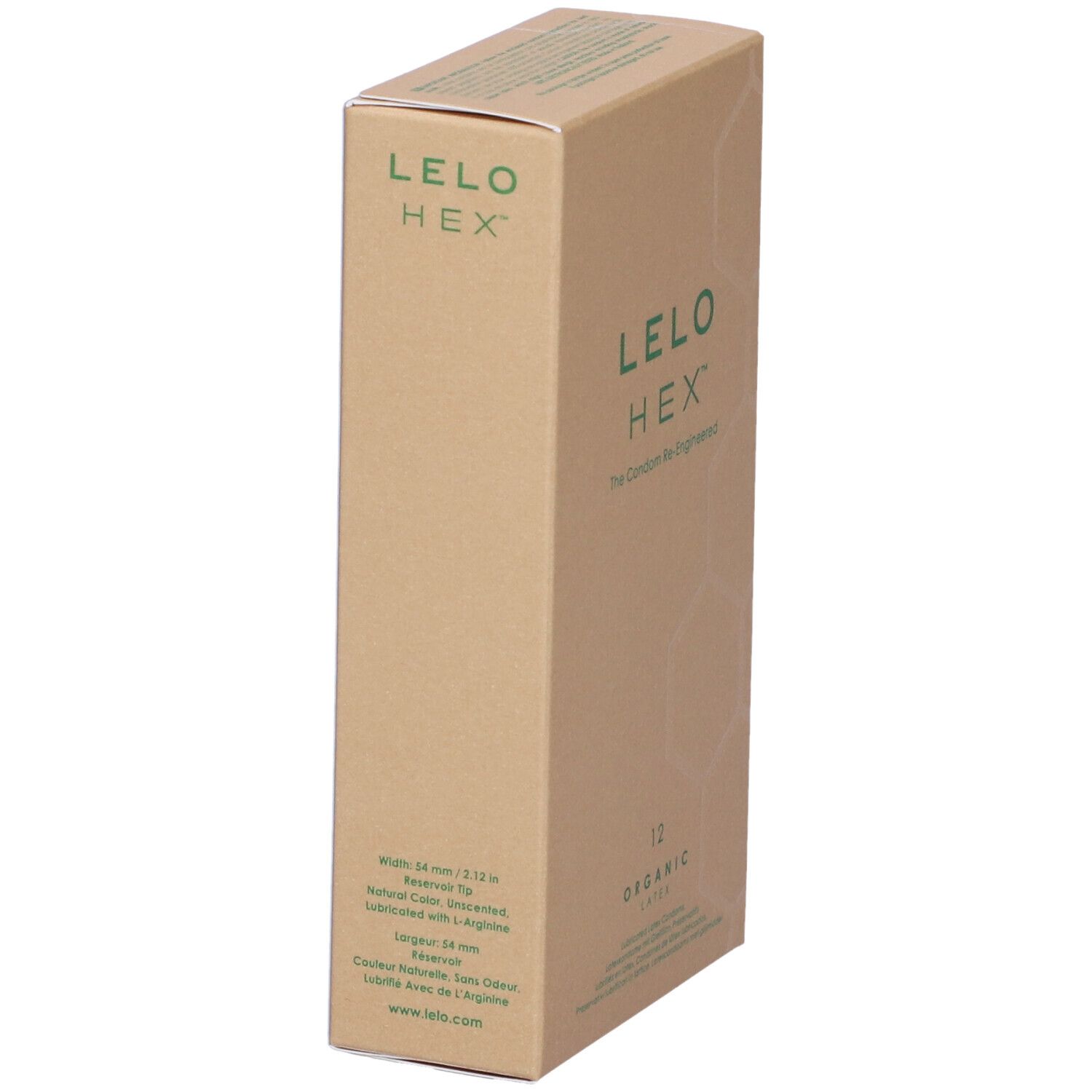 Confezione in cartone con logo LELO HEX e informazioni sul prodotto. Contiene 12 preservativi.