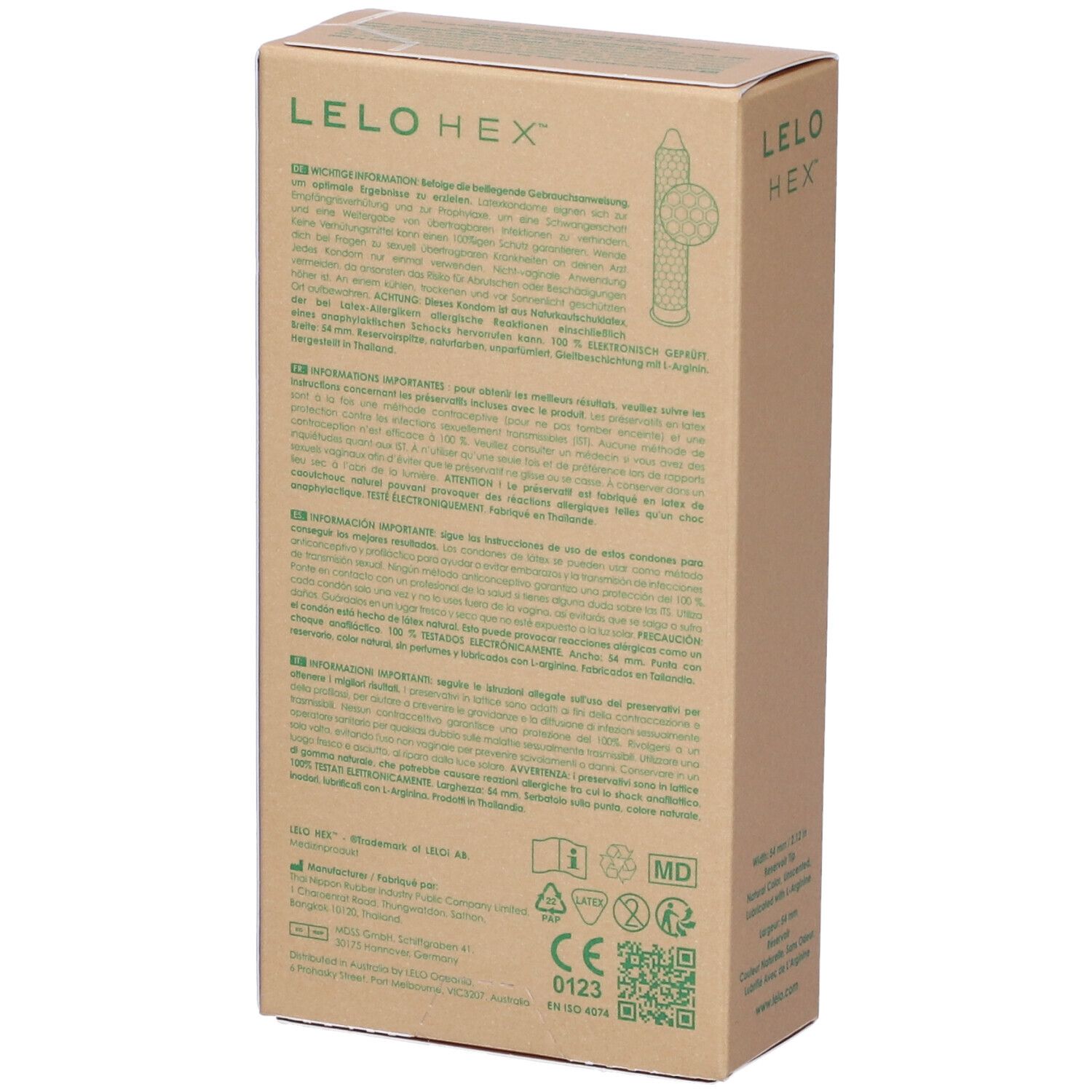 Retro della confezione in cartone con informazioni sul prodotto, certificazioni e codice QR. LELO HEX.