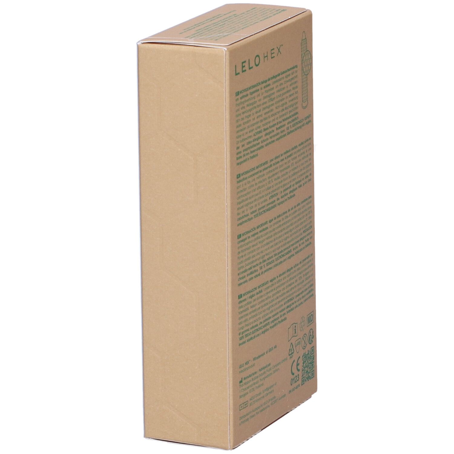 Confezione in cartone con informazioni sul prodotto e certificazioni. LELO HEX.
