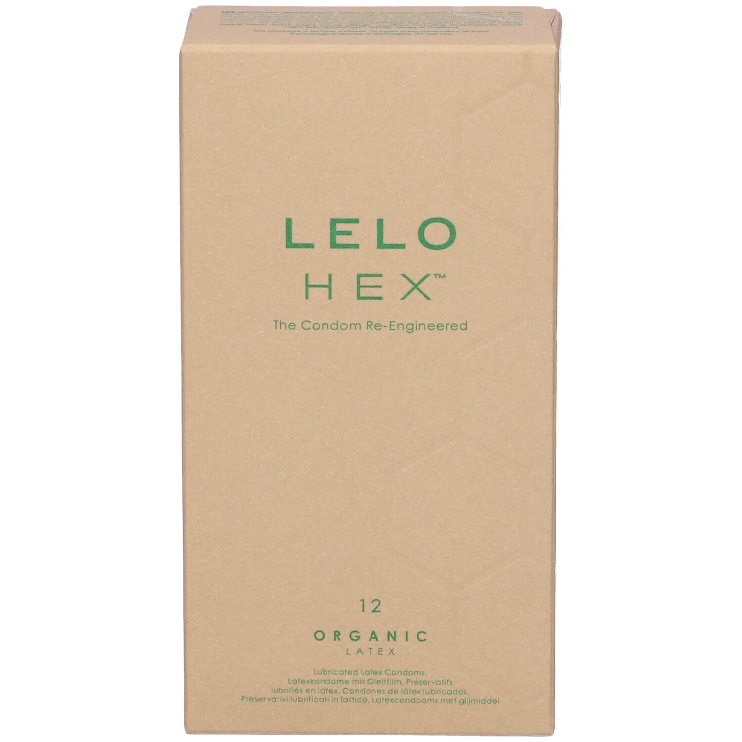 Confezione in cartone con logo LELO HEX e scritta "Organic Latex". Contiene 12 preservativi.