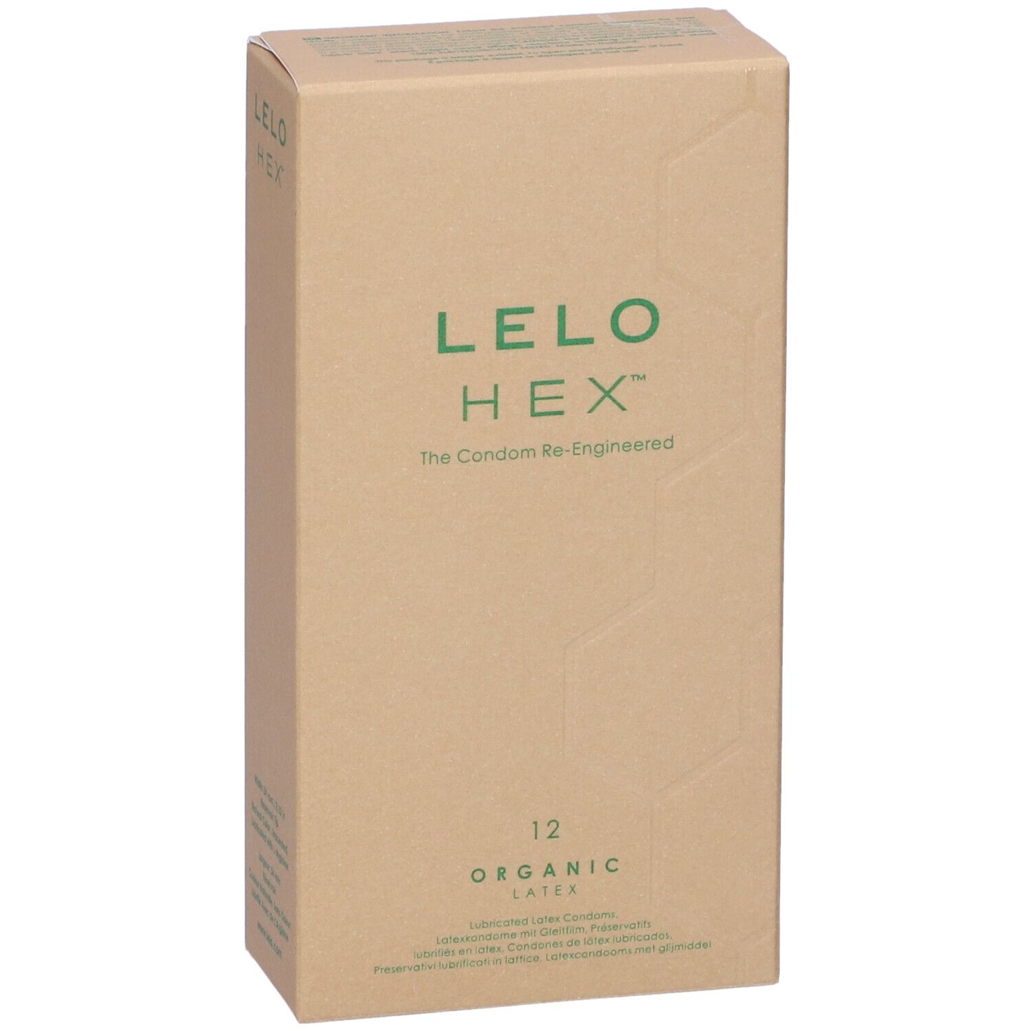 Confezione in cartone con logo LELO HEX e scritta "Organic Latex". Contiene 12 preservativi.