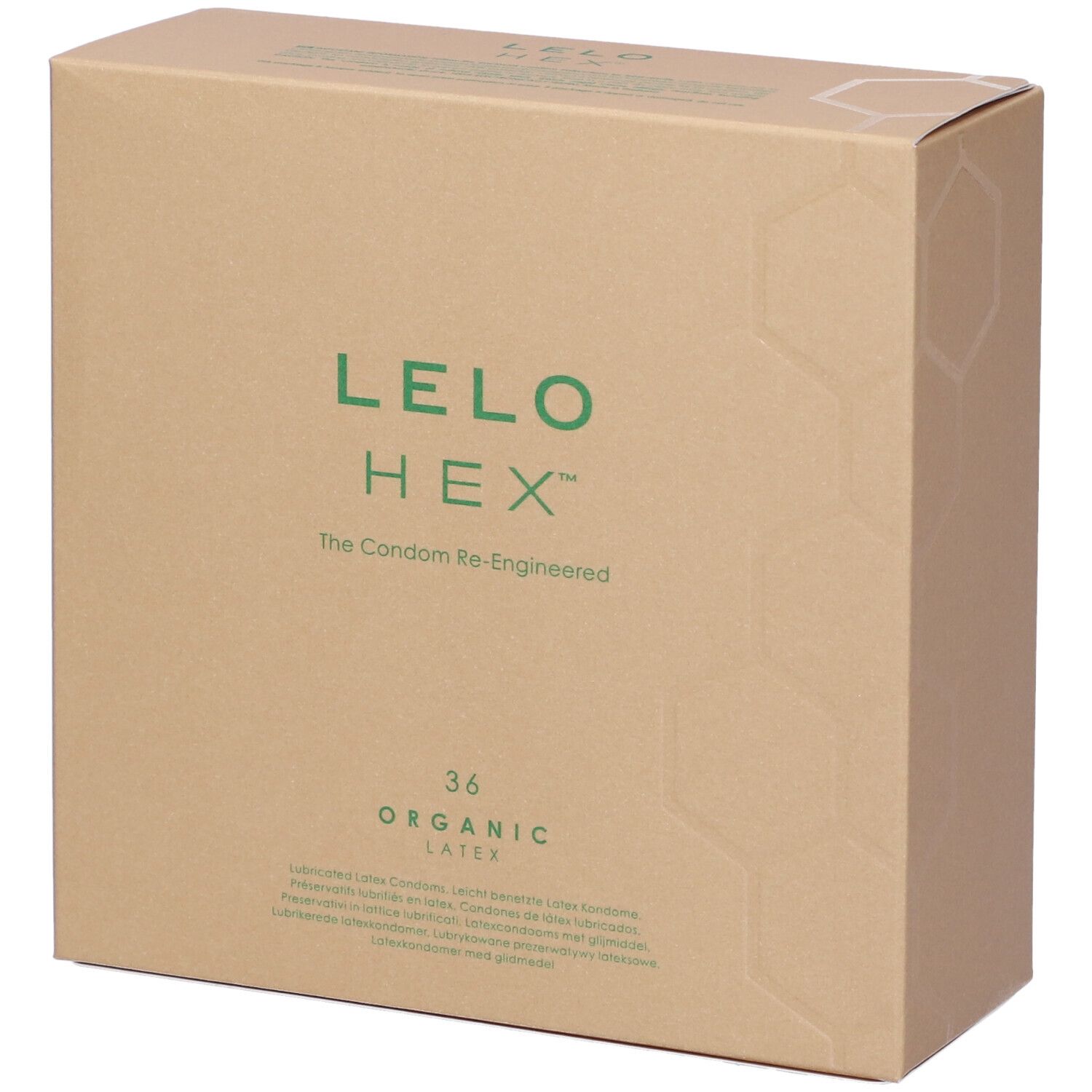 Confezione in cartone con logo verde LELO HEX. Testo: 36 Organic Latex. Imballaggio marrone.