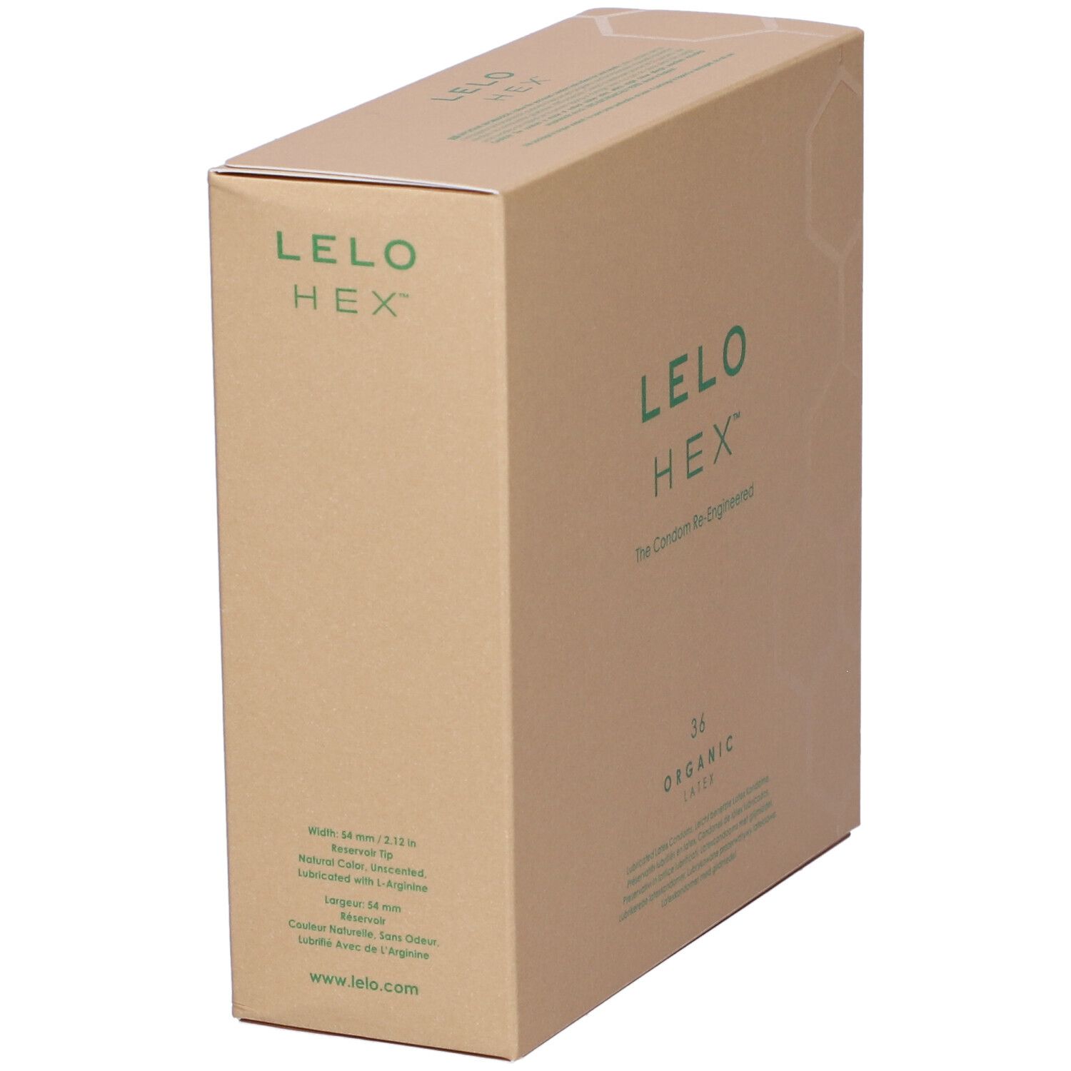 Confezione in cartone marrone con logo verde LELO HEX. Testo: 36 Organic Latex. Vista angolata.