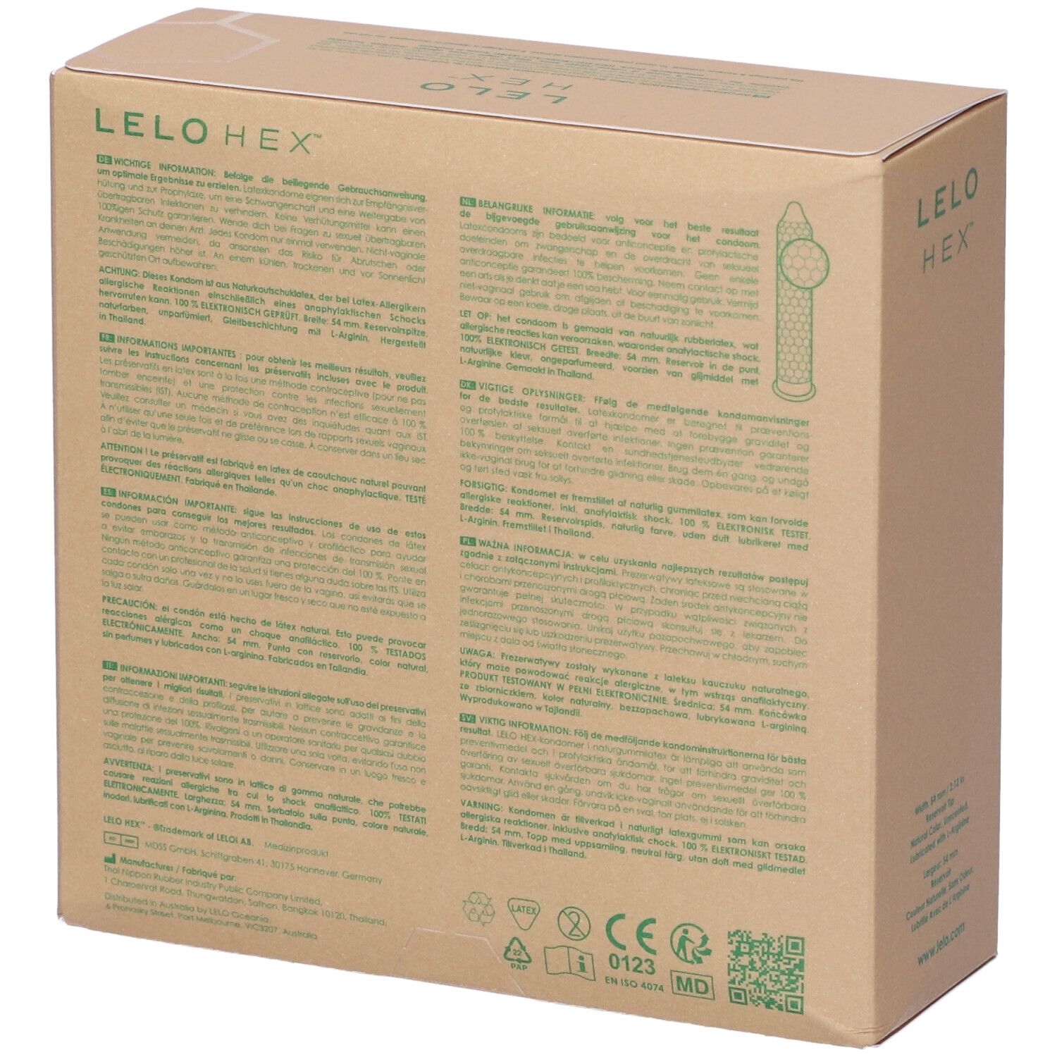 Retro della confezione in cartone con testo multilingue. Logo verde LELO HEX.