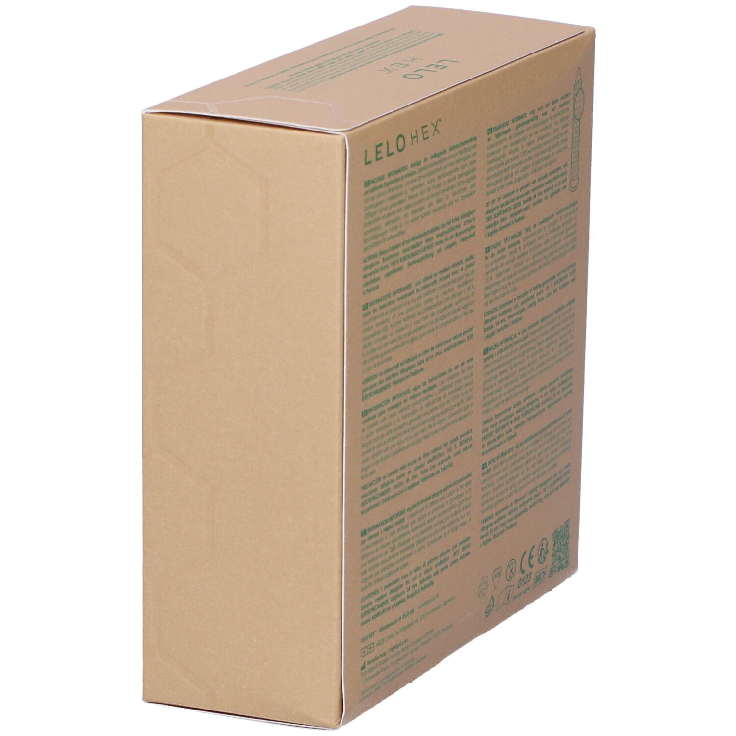 Confezione in cartone marrone con testo multilingue. Logo verde LELO HEX. Vista angolata.