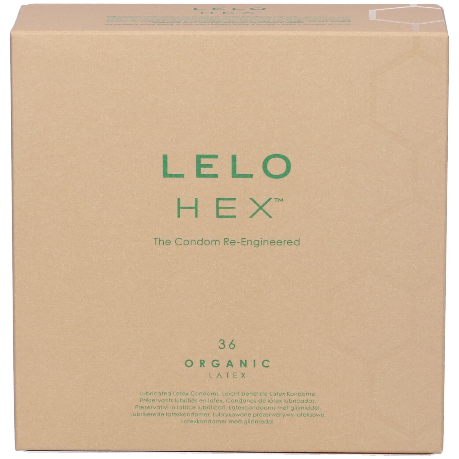 Confezione in cartone con logo verde LELO HEX. Testo: 36 Organic Latex. Imballaggio marrone.