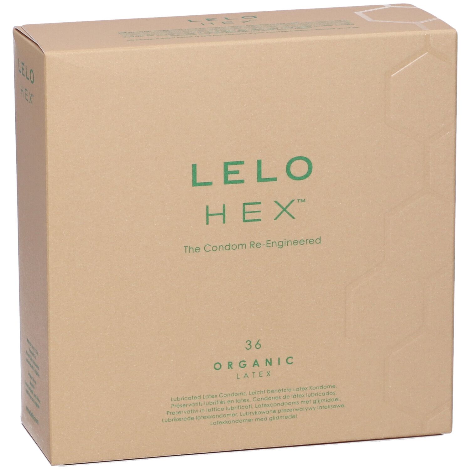 Confezione in cartone con logo verde LELO HEX. Testo: 36 Organic Latex. Imballaggio marrone.