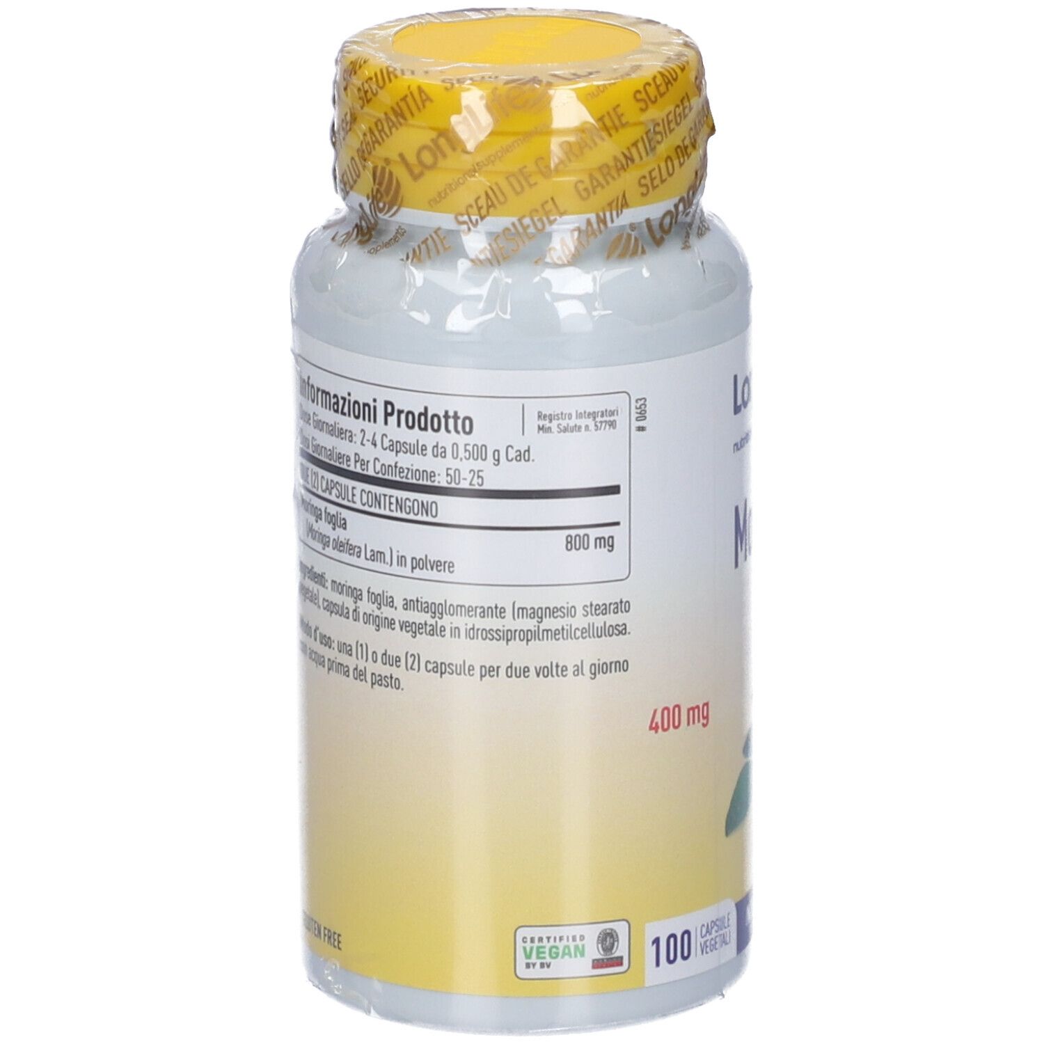 Retro del flacone. Informazioni sugli ingredienti e il dosaggio. Sigillo vegano e 100 capsule.