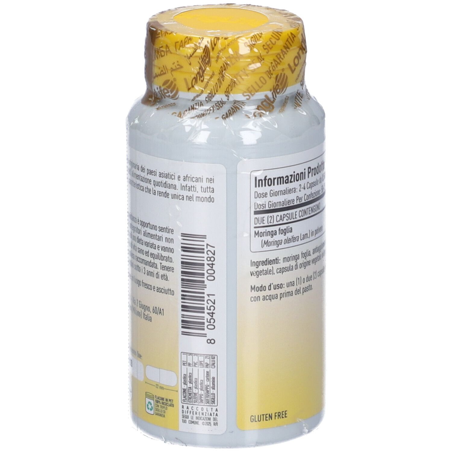 Retro del flacone con informazioni. Sigillo senza glutine. Sigillo vegano. 100 capsule.