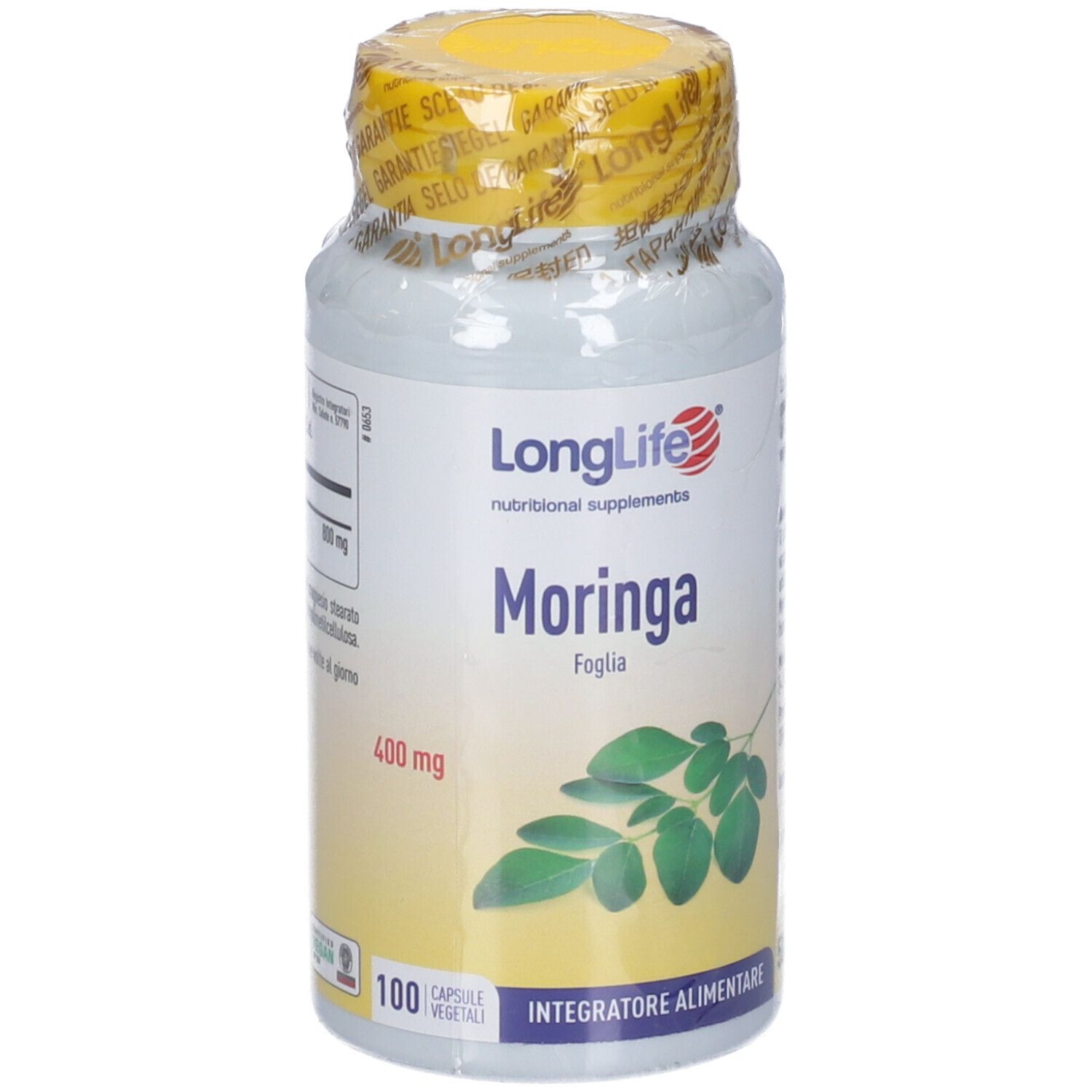 Flacone bianco con tappo giallo. Etichetta 'LongLife Moringa' e 400mg. Contiene 100 capsule.