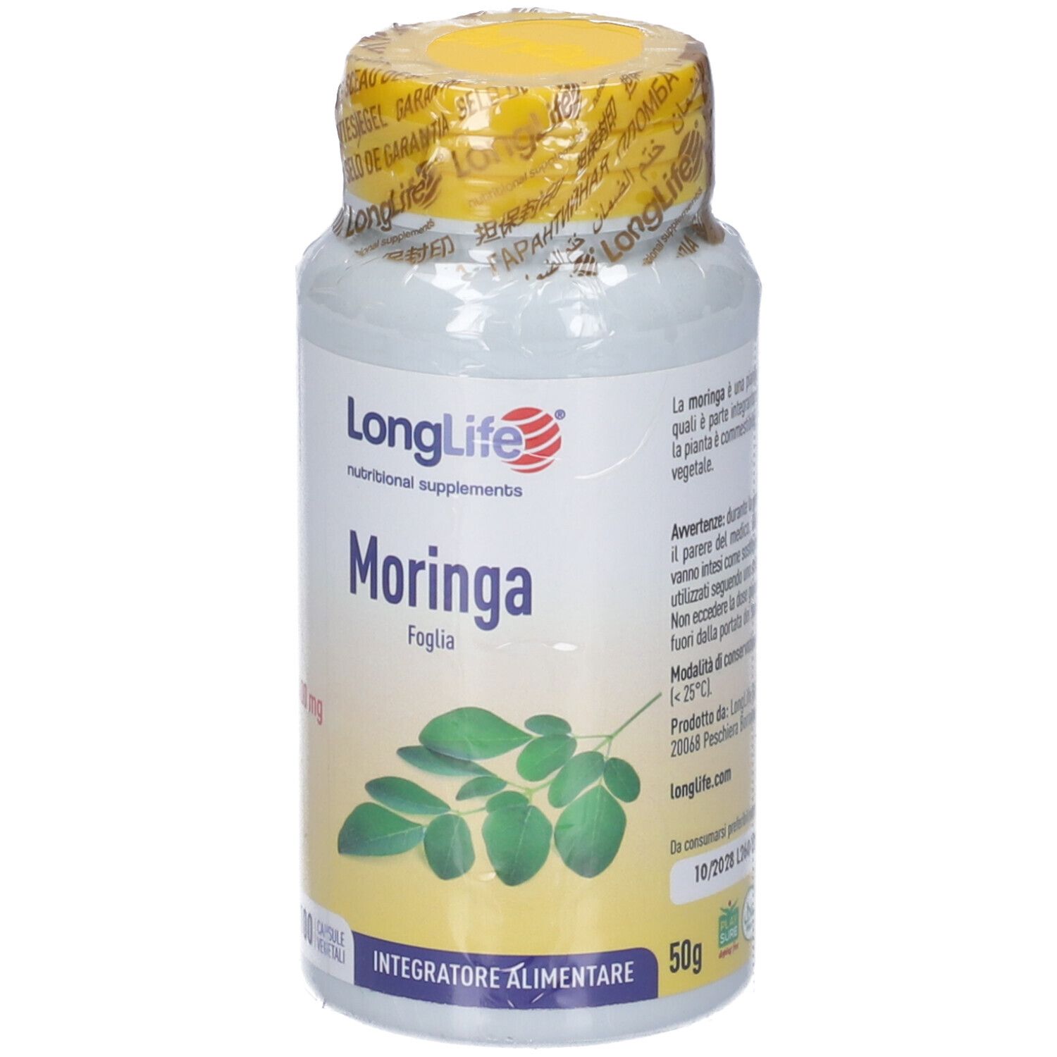 Flacone con tappo giallo. Etichetta 'LongLife Moringa' e 400mg. Contiene 50g.
