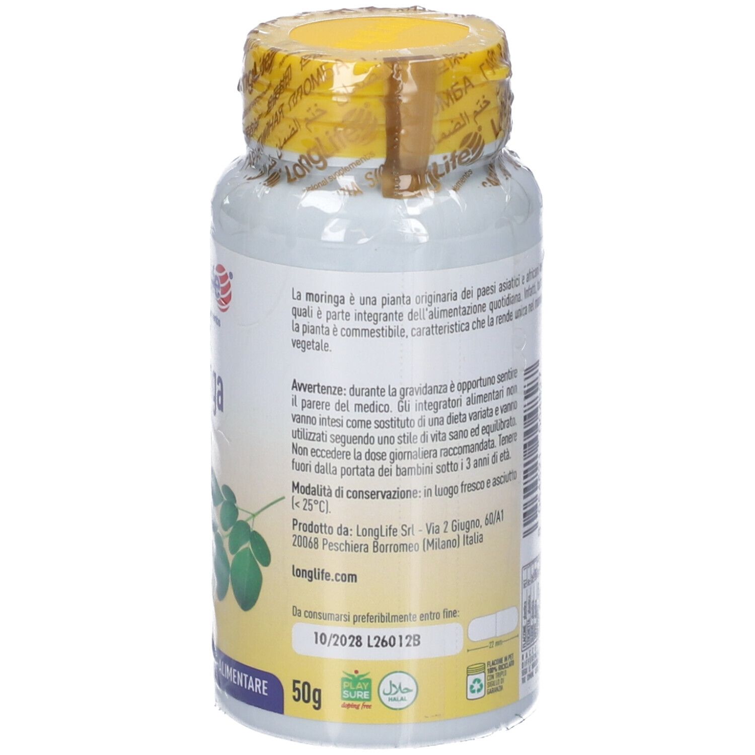 Retro del flacone. Informazioni e avvertenze. Contiene 50g. Sigillo Halal.