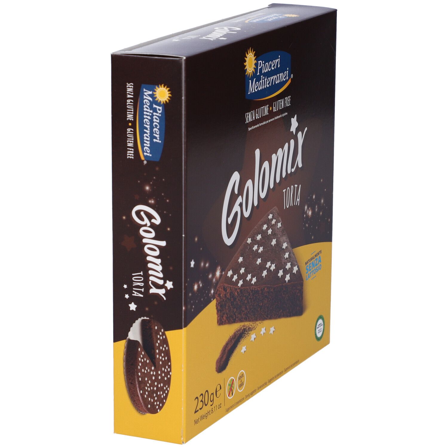 Scatola, vista laterale. Scritta: Golomix Torta, Senza Glutine. Confezione marrone con immagine del prodotto e stelle.