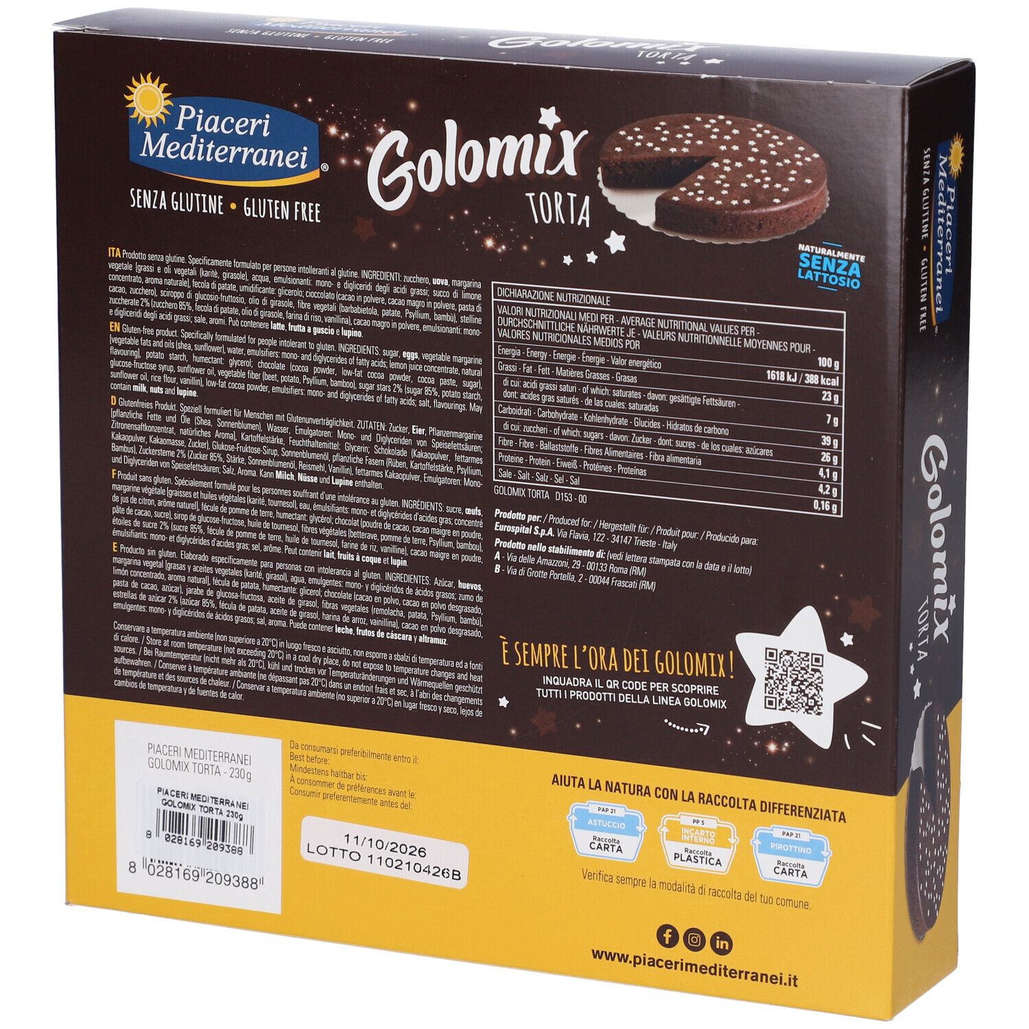 Retro della scatola. Testo: informazioni nutrizionali, elenco ingredienti. Scritta: Golomix Torta, Senza Glutine. Codice QR e logo.