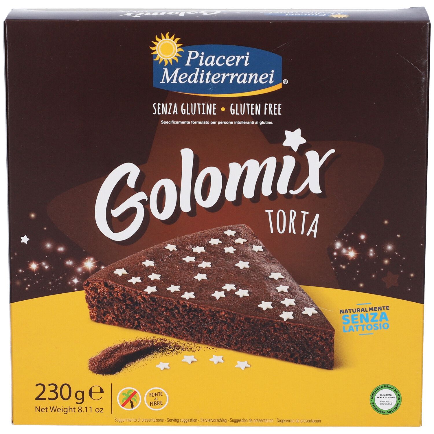 Scatola con fetta di torta. Scritta: Golomix Torta, Senza Glutine. Confezione marrone con stelle e immagine del prodotto.