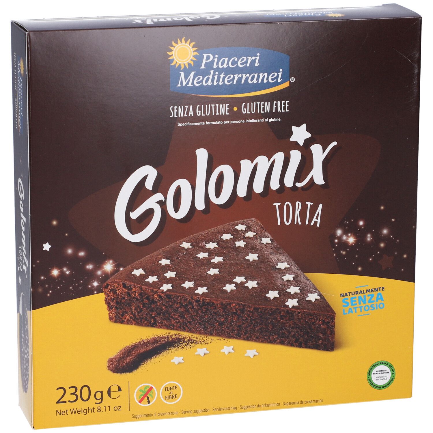 Scatola con fetta di torta. Scritta: Golomix Torta, Senza Glutine. Confezione marrone con stelle e immagine del prodotto.