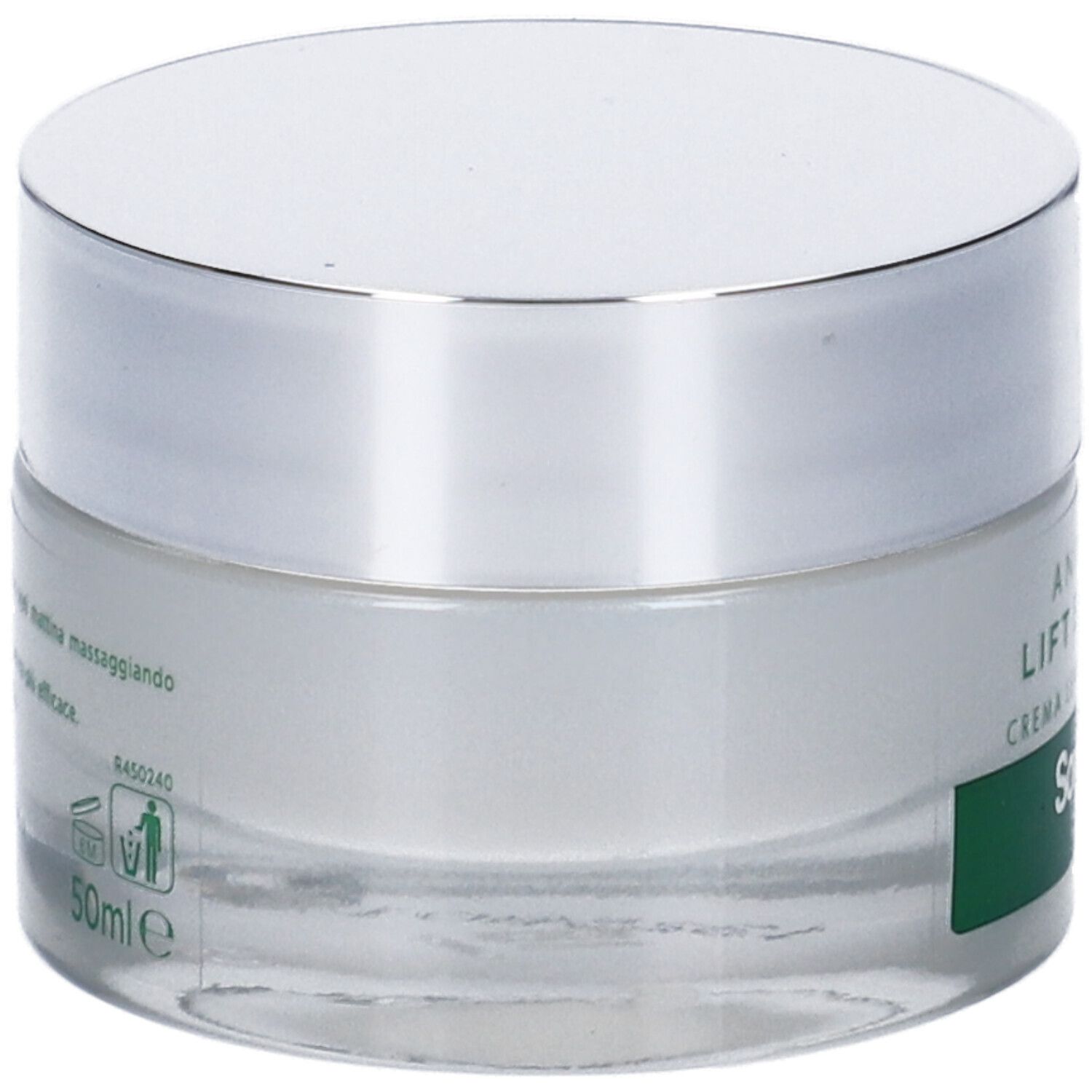 Vasetto di crema con coperchio argentato. Scritta: Antirughe, Lift Effect 4D, Crema Levigante Giorno. Marchio: Somatoline SkinExpert. 50ml.