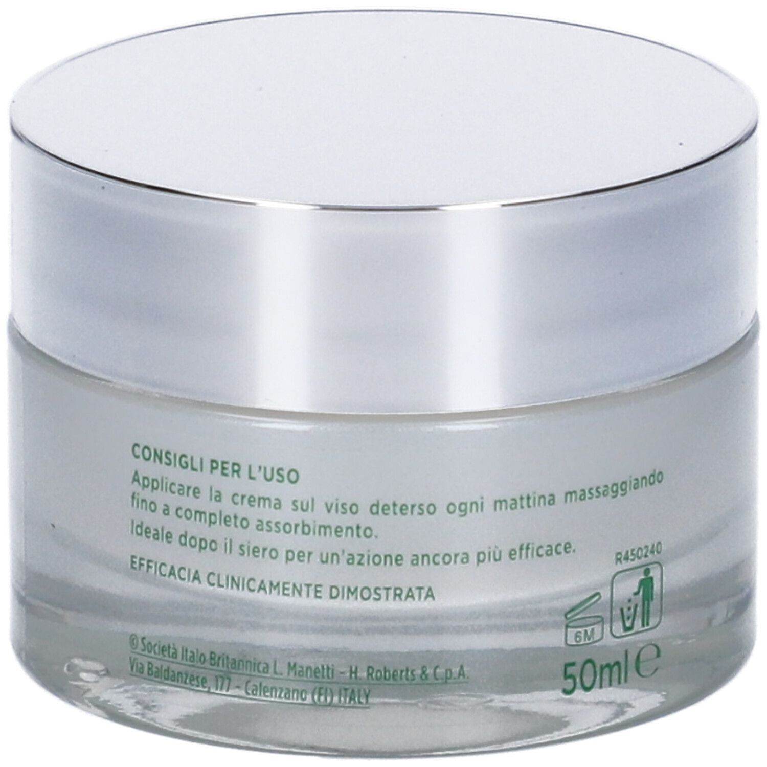 Vasetto di crema con coperchio argentato. Scritta: Antirughe, Lift Effect 4D, Crema Levigante Giorno. Marchio: Somatoline SkinExpert. 50ml.