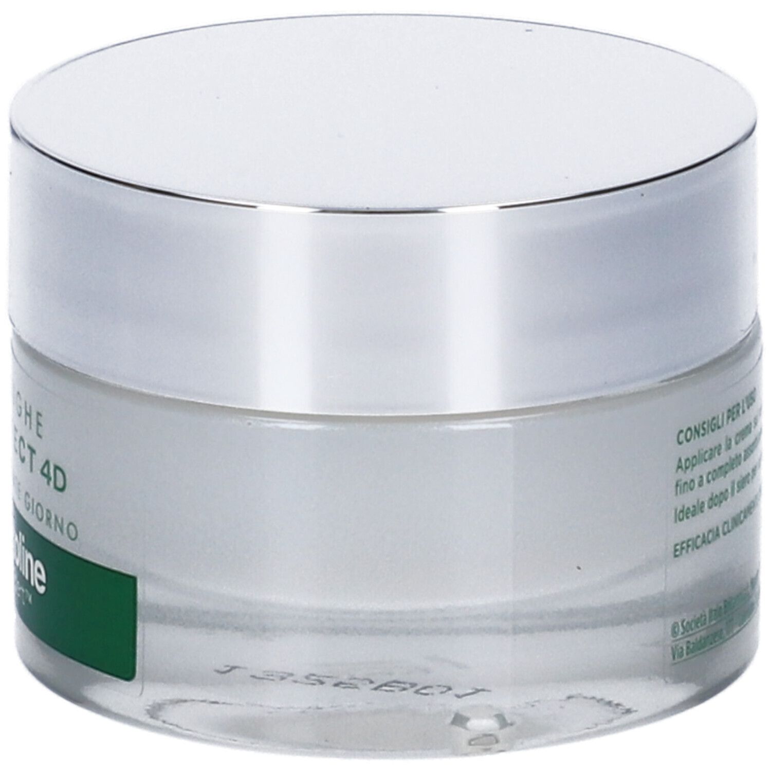 Vasetto di crema con coperchio argentato. Scritta: Antirughe, Lift Effect 4D, Crema Levigante Giorno. Marchio: Somatoline SkinExpert. 50ml.