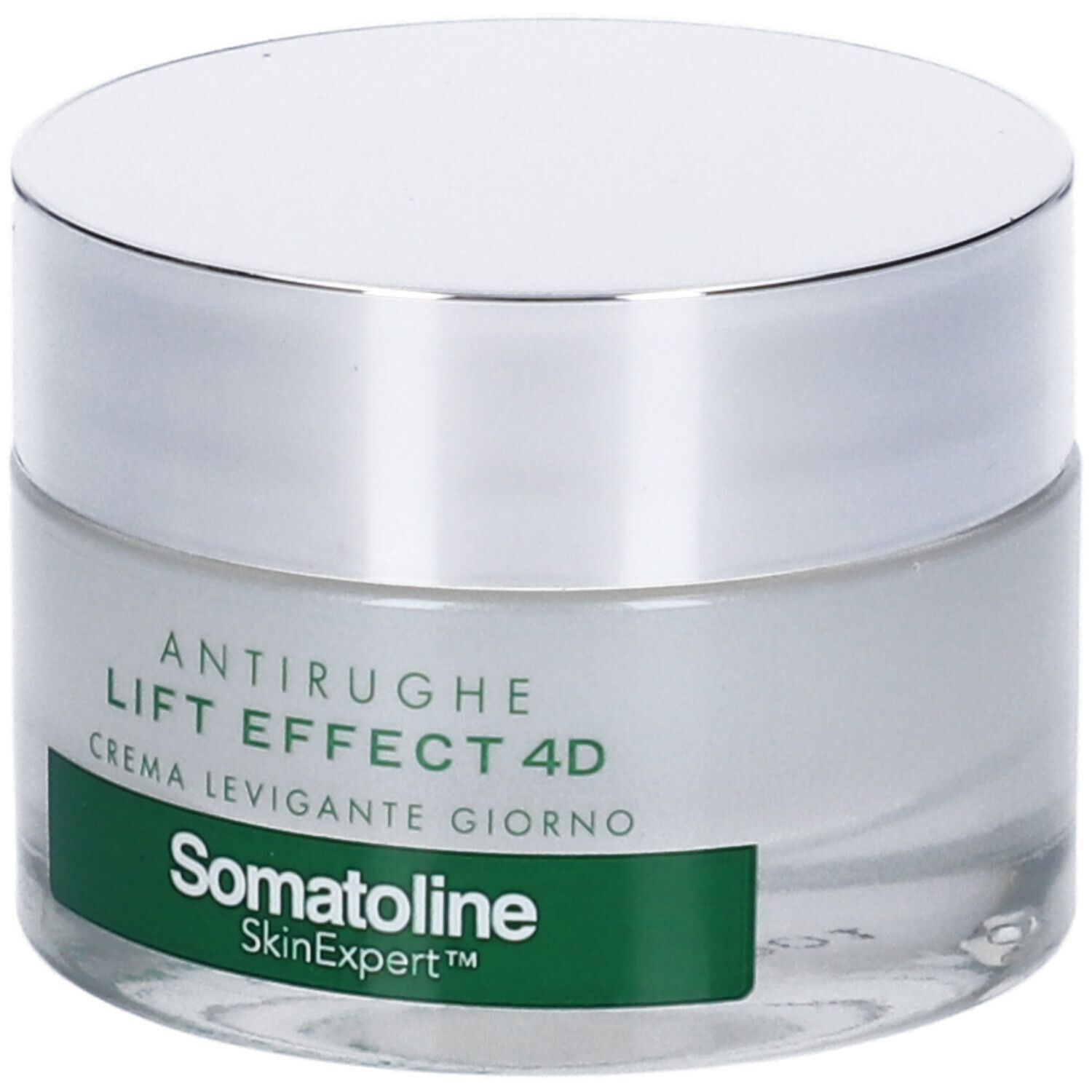 Vasetto di crema con coperchio argentato. Scritta: Antirughe, Lift Effect 4D, Crema Levigante Giorno. Marchio: Somatoline SkinExpert.