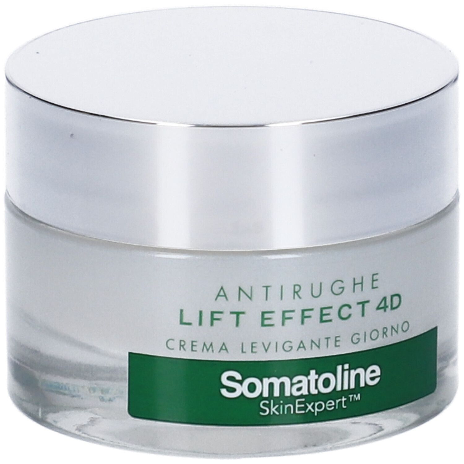 Vasetto di crema con coperchio argentato. Scritta: Antirughe, Lift Effect 4D, Crema Levigante Giorno. Marchio: Somatoline SkinExpert.