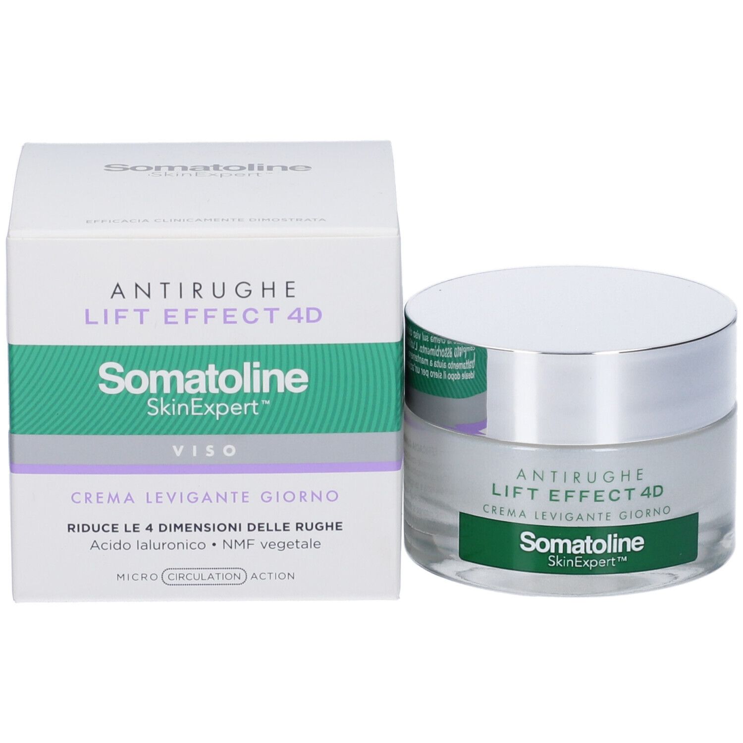 Confezione e vasetto di crema. Scritta: Antirughe, Lift Effect 4D, Crema Levigante Giorno. Marchio: Somatoline SkinExpert.