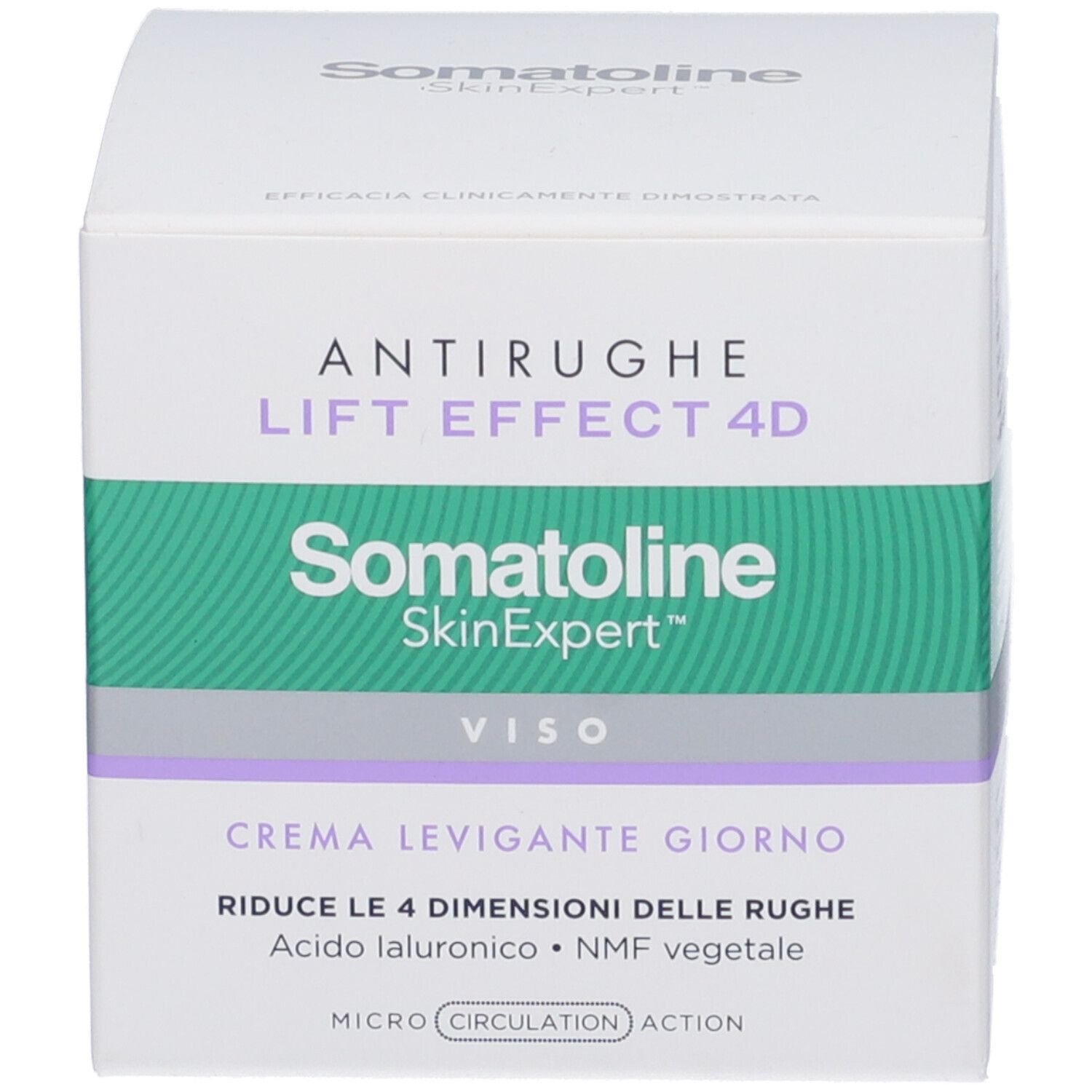 Confezione del prodotto. Scritta: Antirughe, Lift Effect 4D, Crema Levigante Giorno. Marchio: Somatoline SkinExpert.