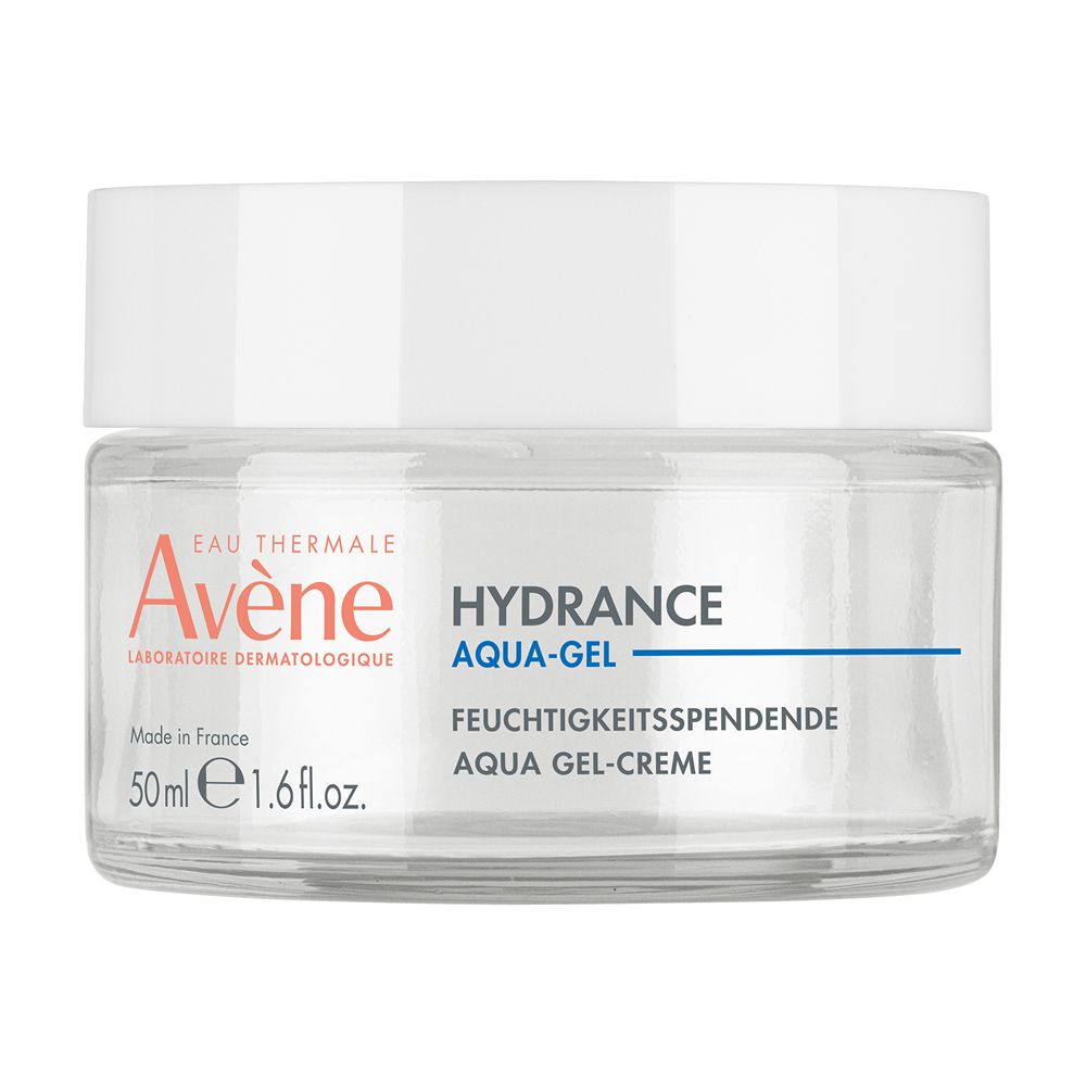 Crema Avène Hydrance Aqua-Gel. Vasetto di vetro bianco, coperchio bianco. Testo: Hydrance Aqua-Gel, 50ml, 1.6 fl.oz.