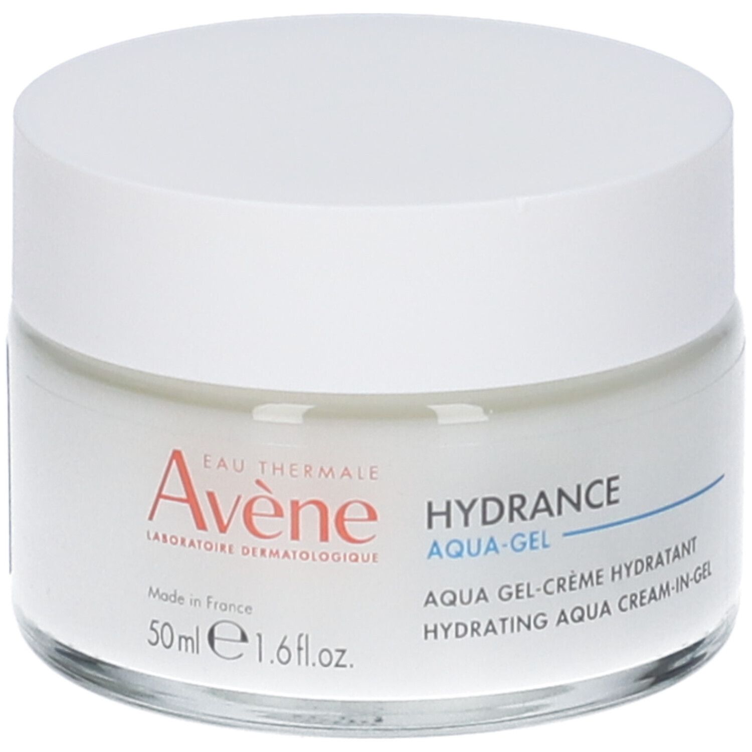 Vaso di crema con coperchio bianco. Scritta: Eau Thermale Avène, Hydrance Aqua-Gel. 50 ml.