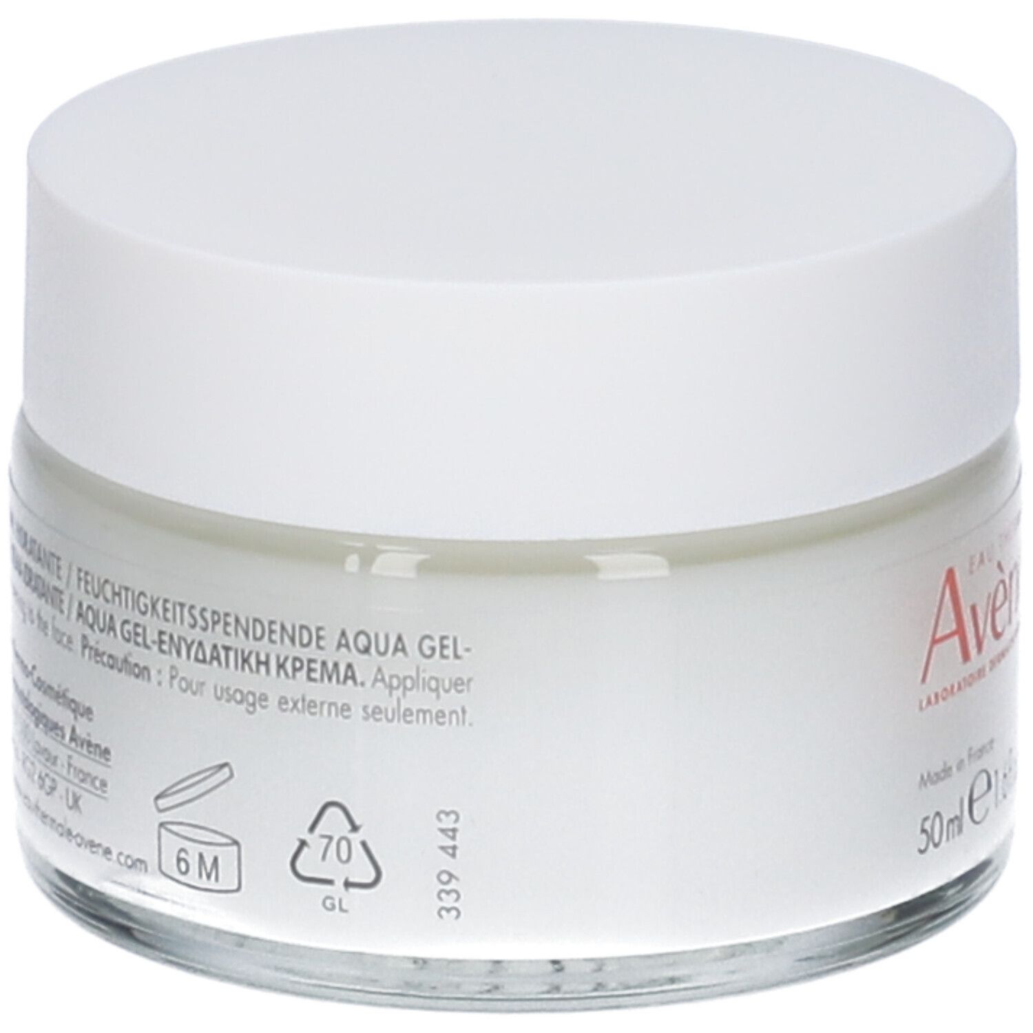 Retro della crema Avène Hydrance Aqua-Gel. Testo: Aqua Gel-Creme Idratante, 6M.