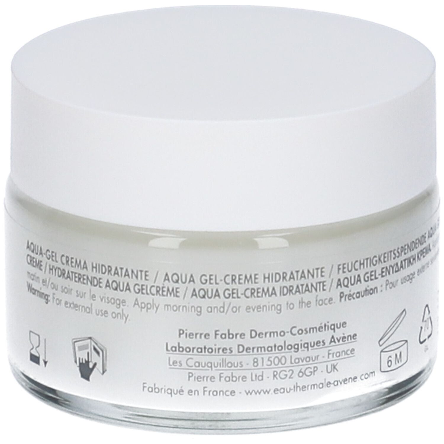 Retro della crema Avène Hydrance Aqua-Gel. Testo: Aqua Gel-Creme Idratante, 6M.
