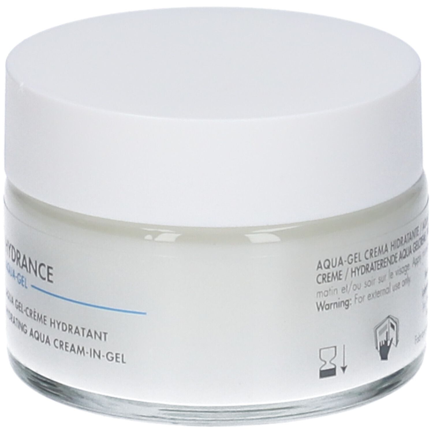 Crema Avène Hydrance Aqua-Gel. Vasetto di vetro bianco, coperchio bianco. Testo: Hydrance Aqua-Gel, 50ml, 1.6 fl.oz.
