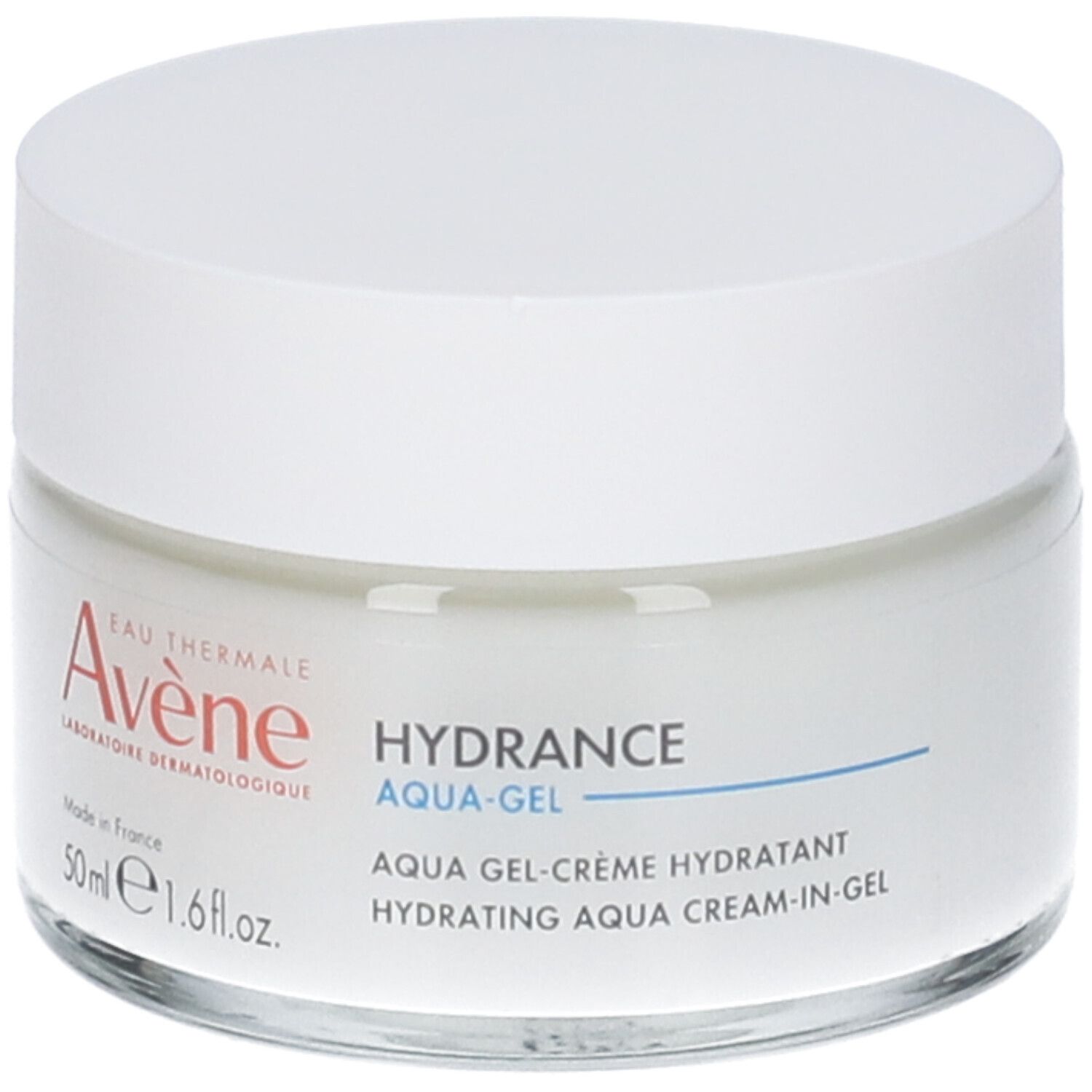 Crema Avène Hydrance Aqua-Gel. Vasetto di vetro bianco, coperchio bianco. Testo: Hydrance Aqua-Gel, 50ml, 1.6 fl.oz.