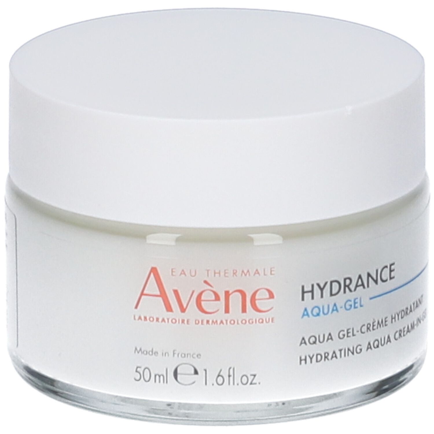 Crema Avène Hydrance Aqua-Gel e scatola. Testo: Hydrance Aqua-Gel, 50ml.