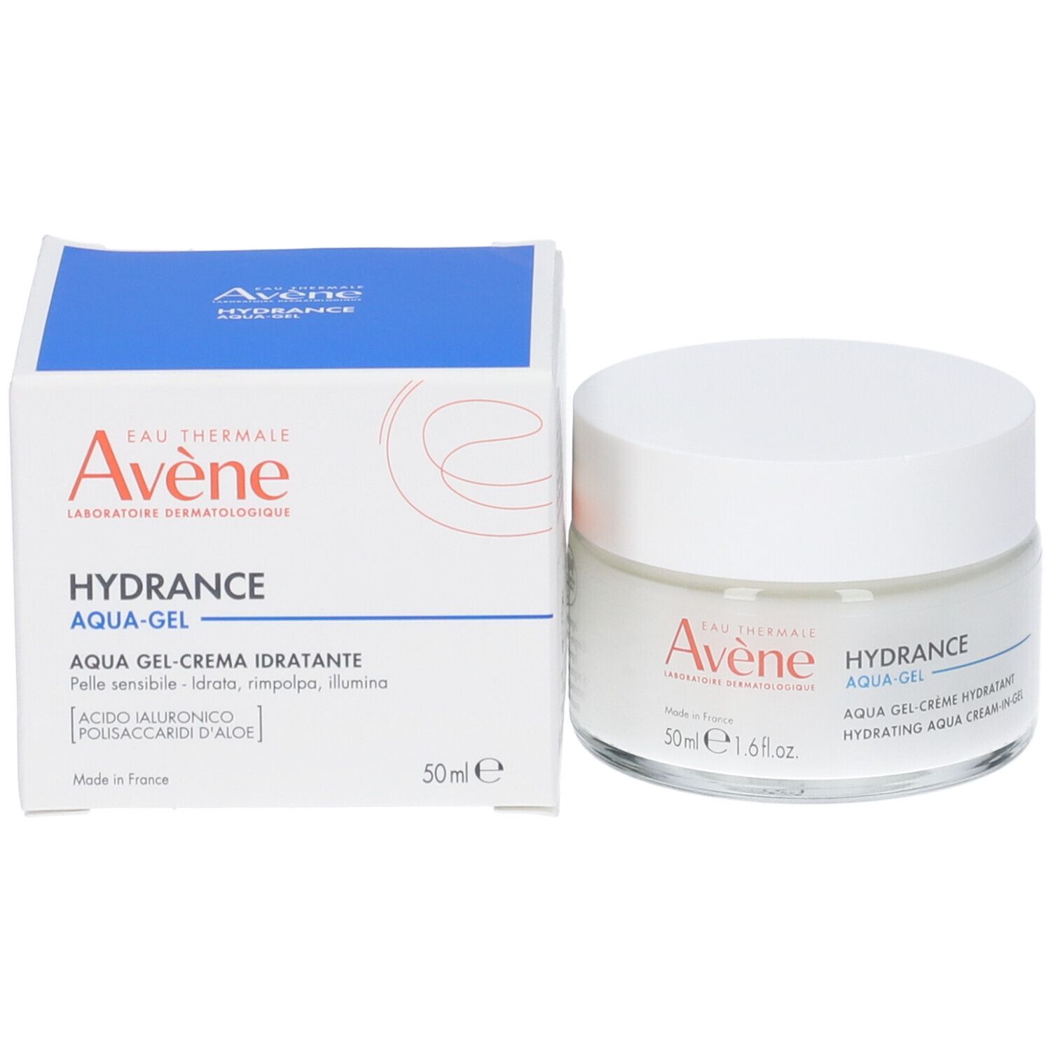 Scatola della crema Avène Hydrance Aqua-Gel. Testo: Hydrance Aqua-Gel, 50ml.