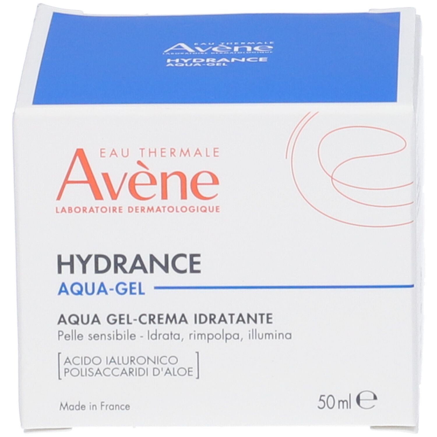 Crema Avène Hydrance Aqua-Gel. Vasetto di vetro bianco, coperchio bianco. Testo: Hydrance Aqua-Gel, 50ml, 1.6 fl.oz.