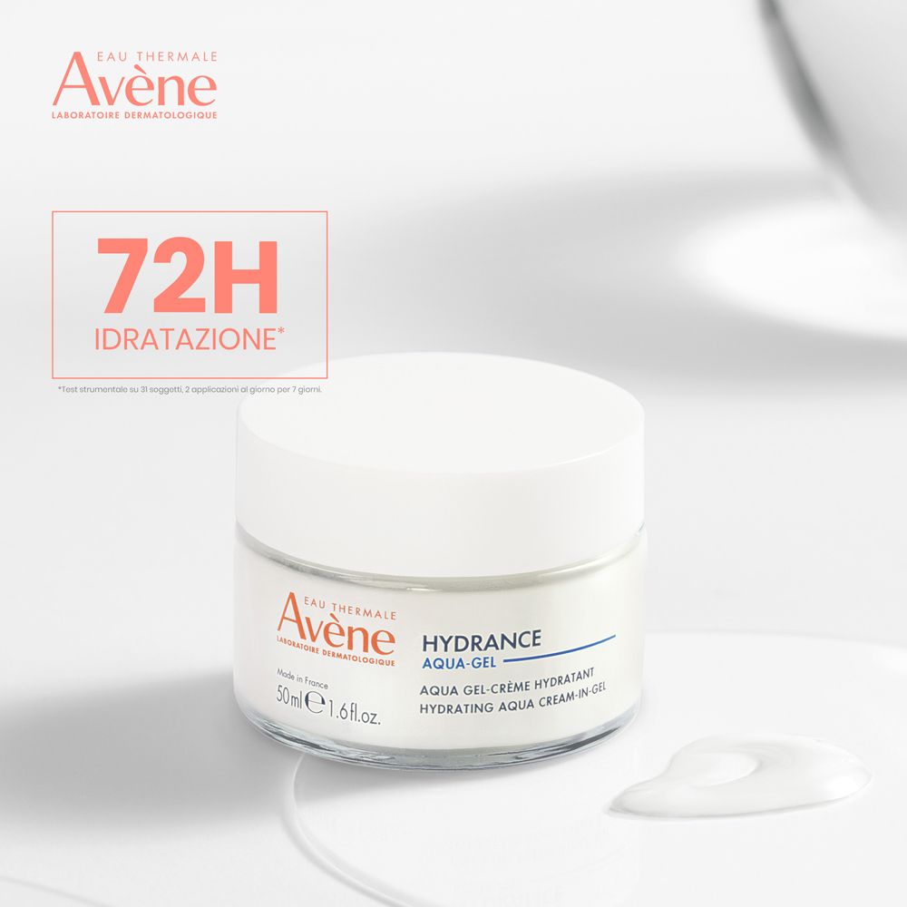Crema Avène Hydrance Aqua-Gel. Vasetto di vetro bianco, coperchio bianco. Testo: Hydrance Aqua-Gel, 50ml, 1.6 fl.oz.