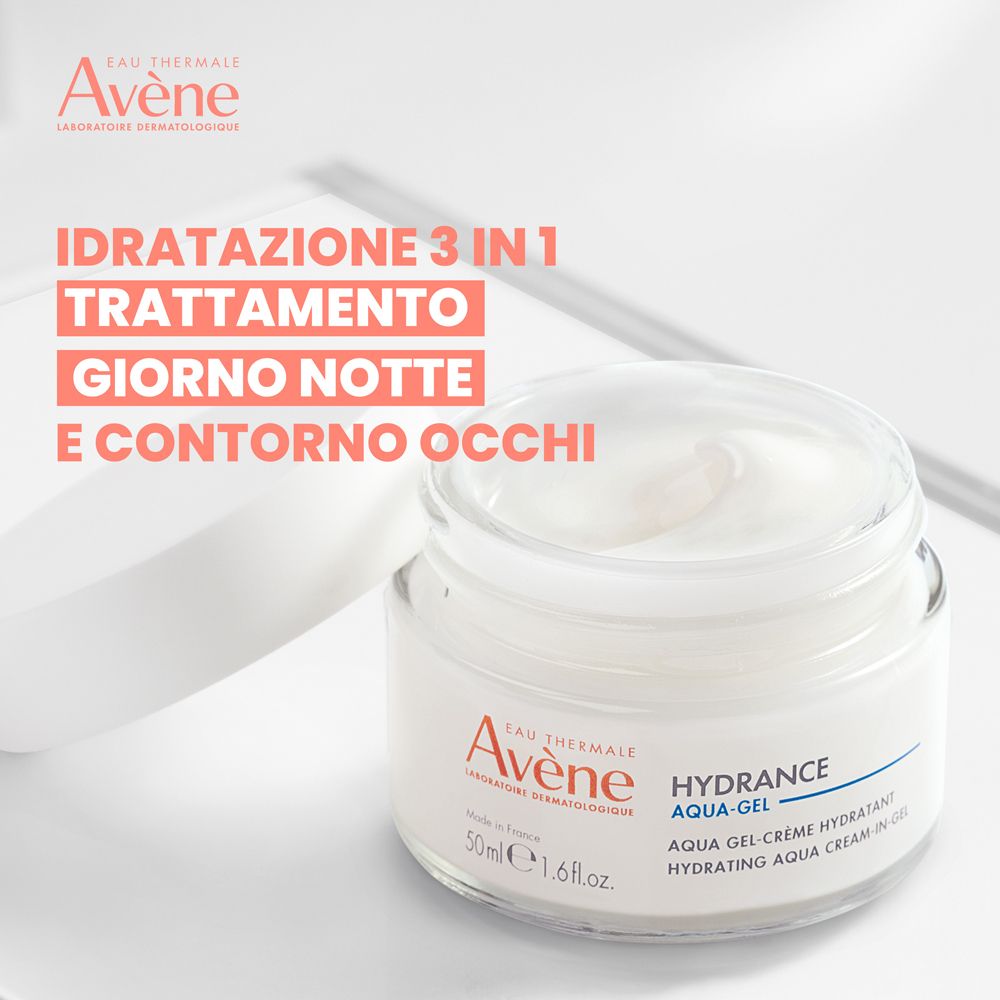 Crema Avène Hydrance Aqua-Gel. Vasetto di vetro bianco, coperchio bianco. Testo: Hydrance Aqua-Gel, 50ml, 1.6 fl.oz.