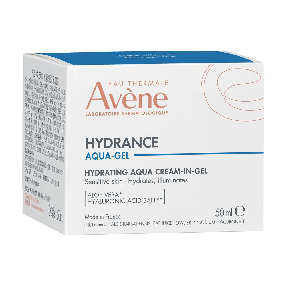 Crema Avène Hydrance Aqua-Gel in scatola. Testo: Hydrance Aqua-Gel, 50ml, ingredienti.