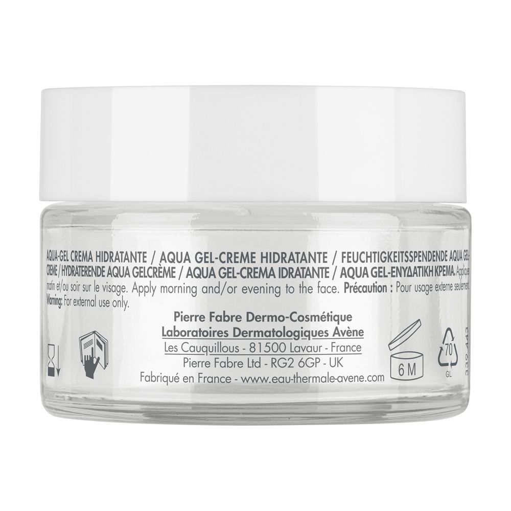 Retro della crema Avène Hydrance Aqua-Gel. Testo: Aqua Gel-Creme Idratante, 6M.