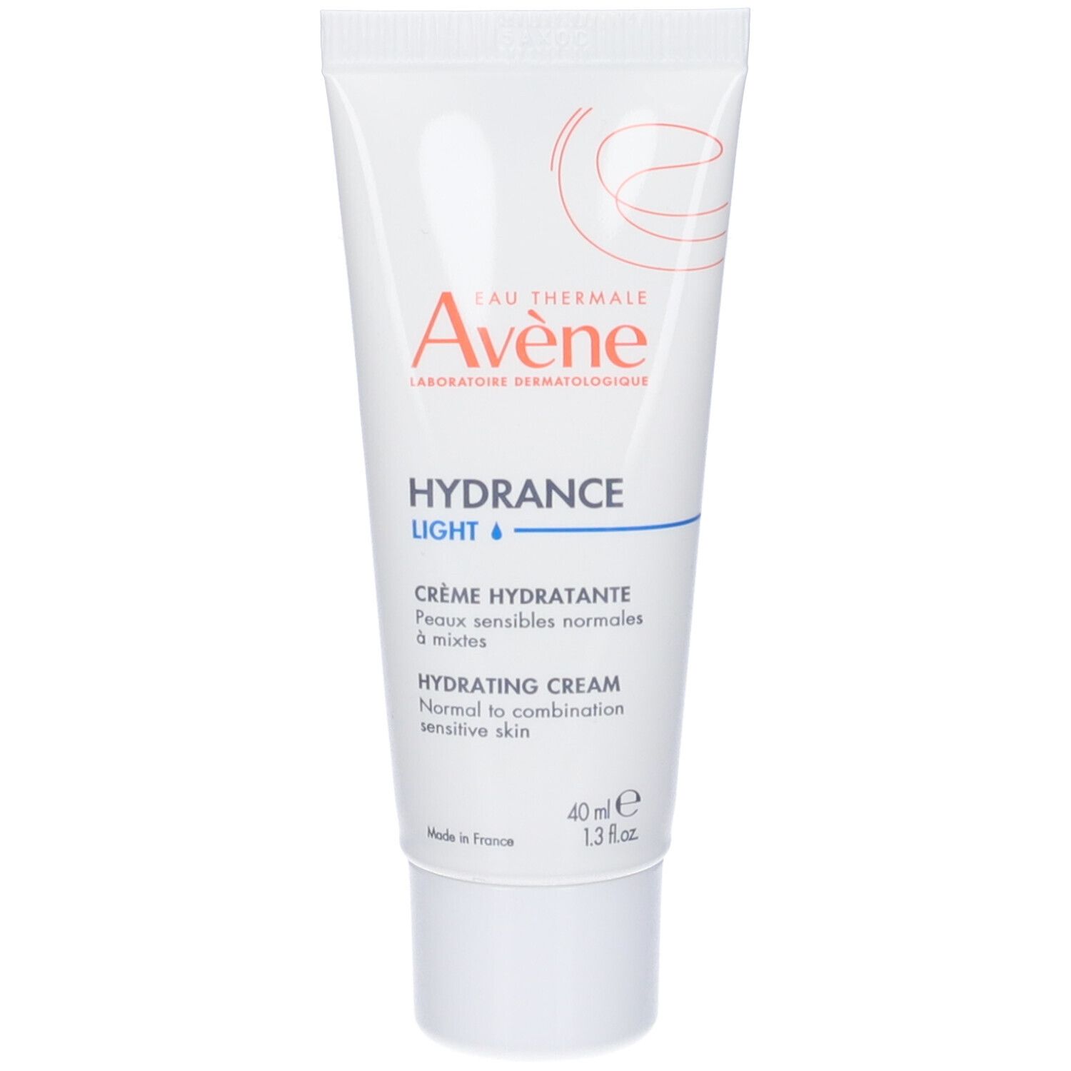 Tubo bianco con scritte rosse e blu. Contiene crema. Scritta: Avene, Hydrance Light, Crema Idratante. 40 ml.