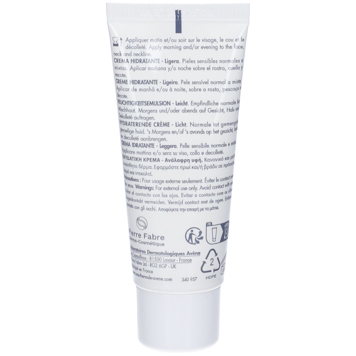 Retro di un tubo bianco. Testo in più lingue. Informazioni sul produttore e simbolo di riciclaggio.