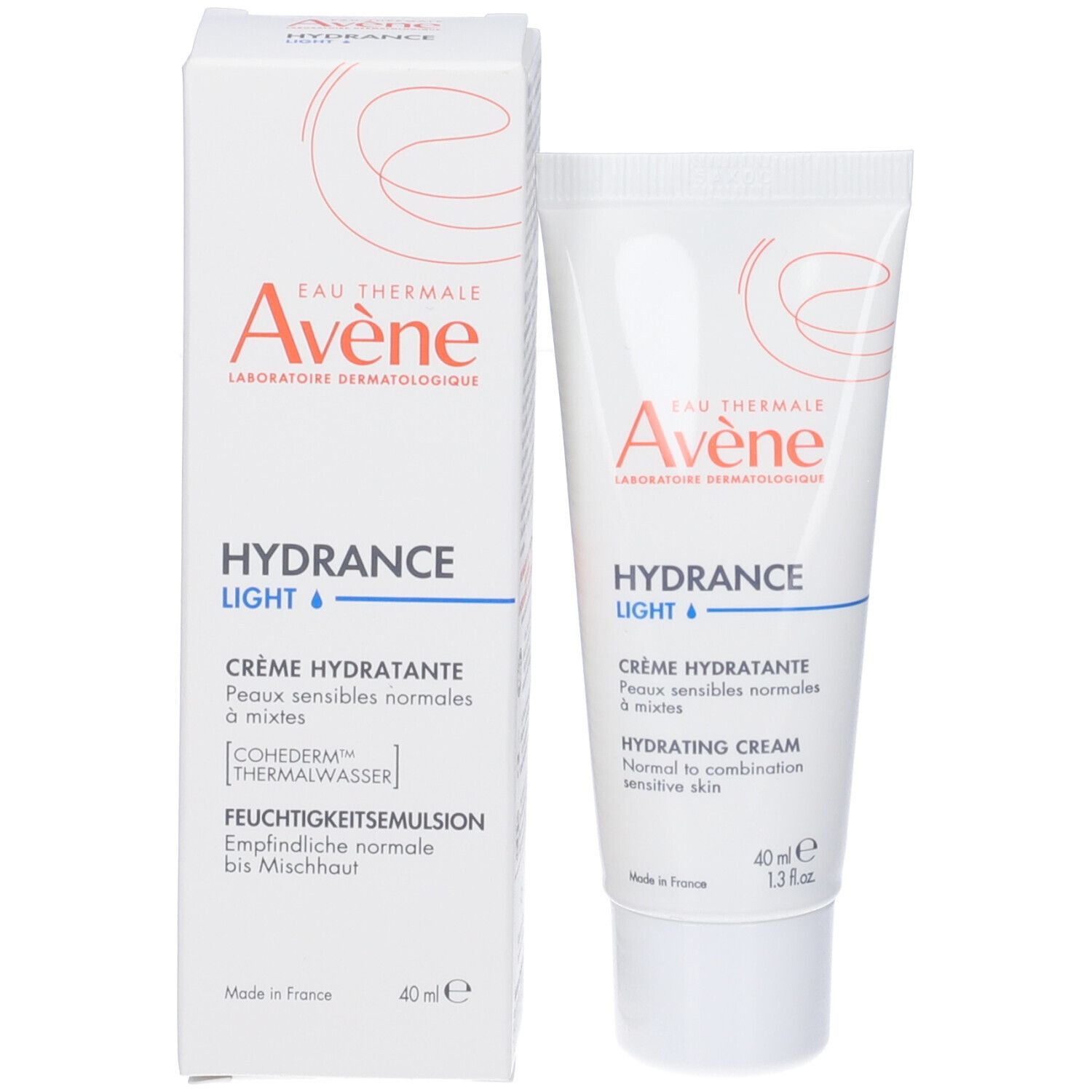 Confezione del prodotto. Scatola e tubo bianchi. Scritta: Avene, Hydrance Light, Crema Idratante. 40 ml.