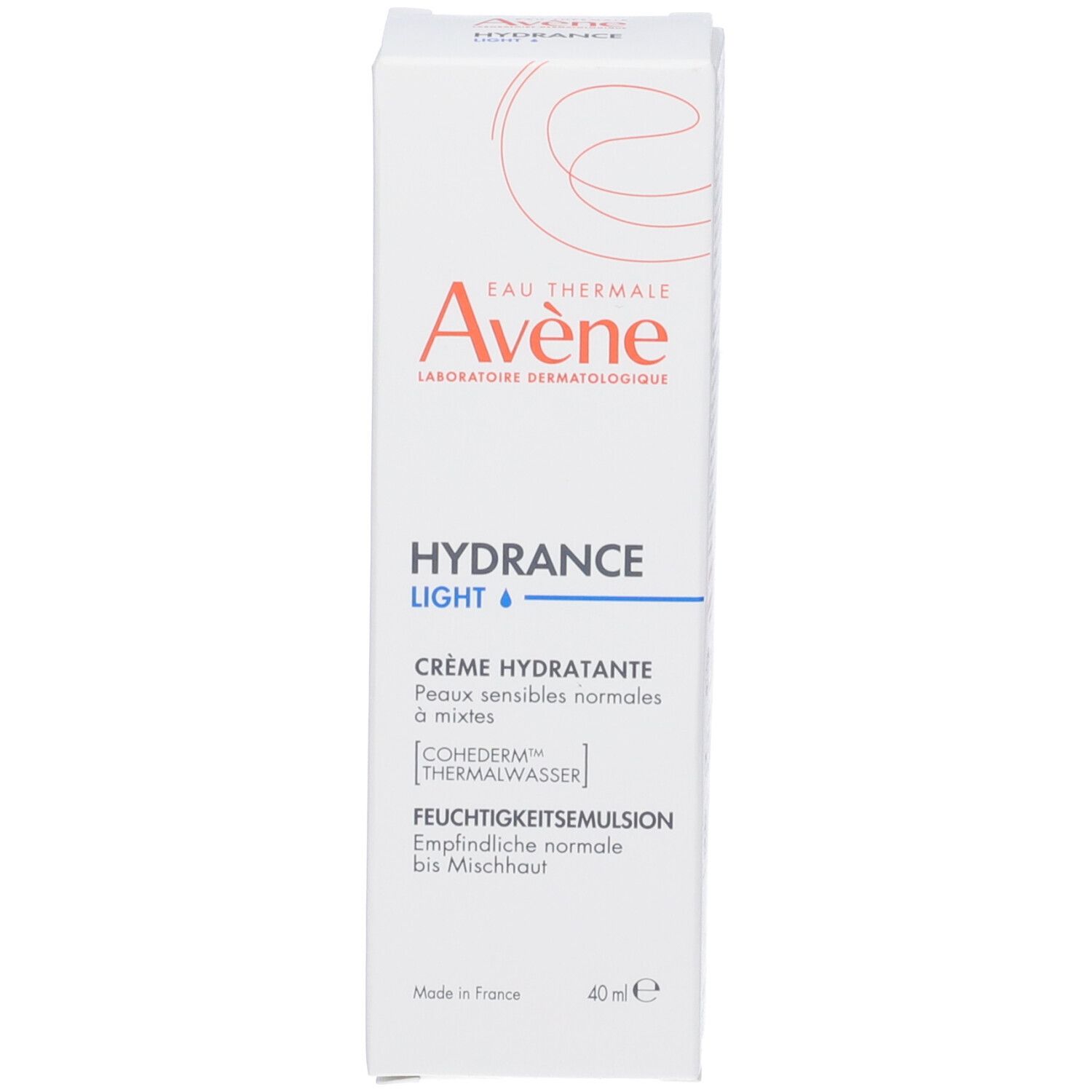 Scatola bianca con scritte rosse e blu. Scritta: Avene, Hydrance Light, Crema Idratante. 40 ml.