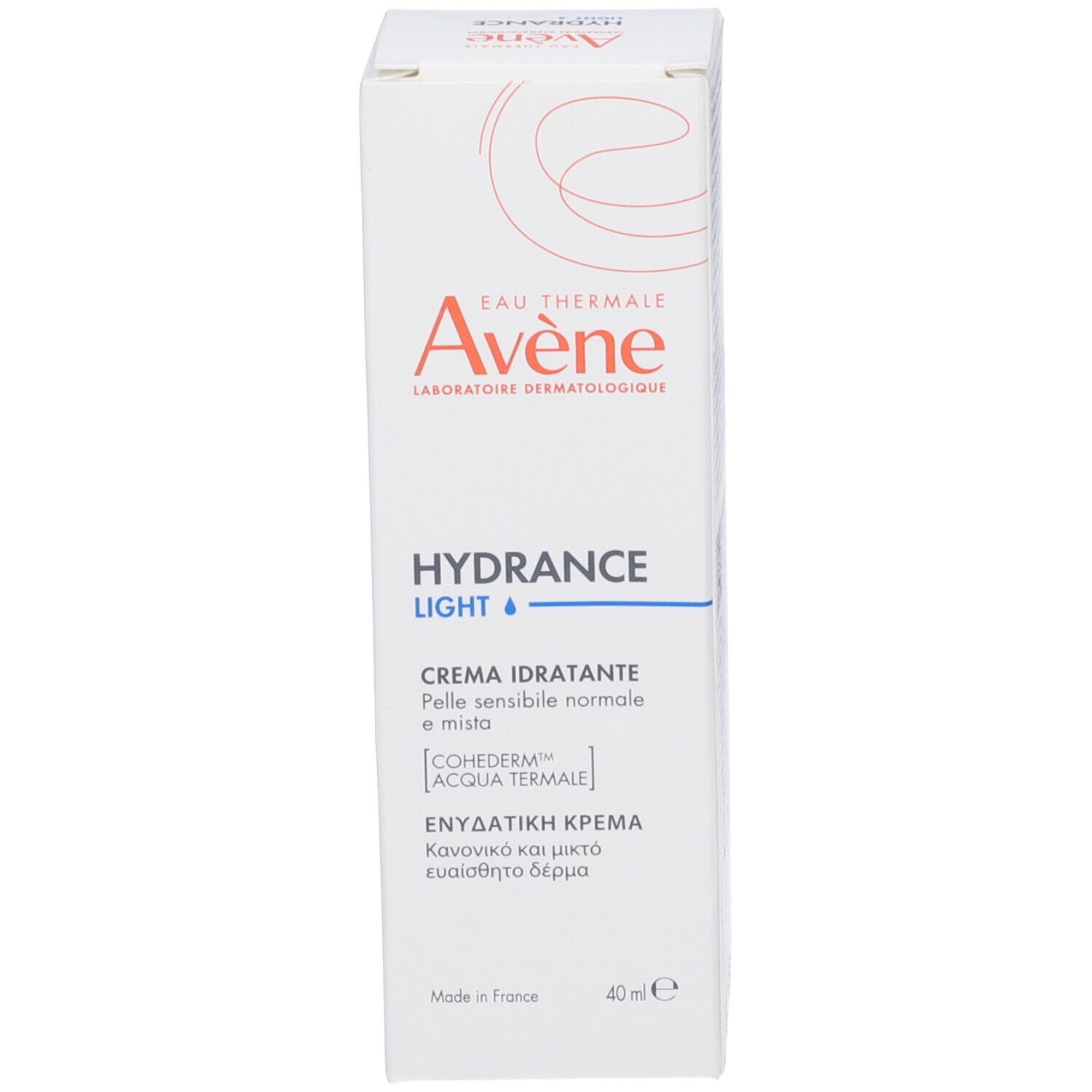 Lato della confezione del prodotto. Testo in più lingue. Scritta: Avene, Hydrance Light, Crema Idratante. 40 ml.