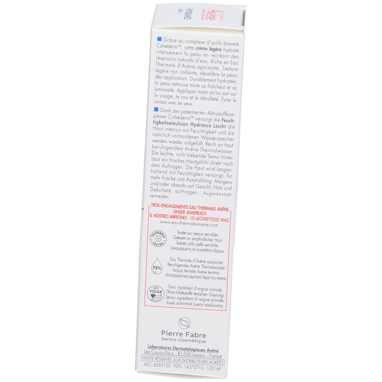 Lato della confezione del prodotto. Testo in più lingue. Informazioni sugli ingredienti e certificazioni.