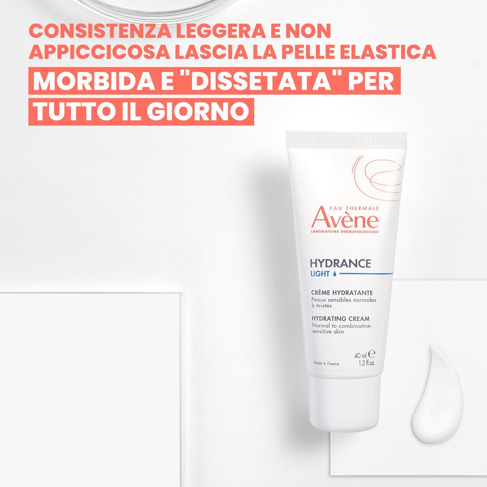 Crema idratante leggera Avene Hydrance con una goccia di crema.