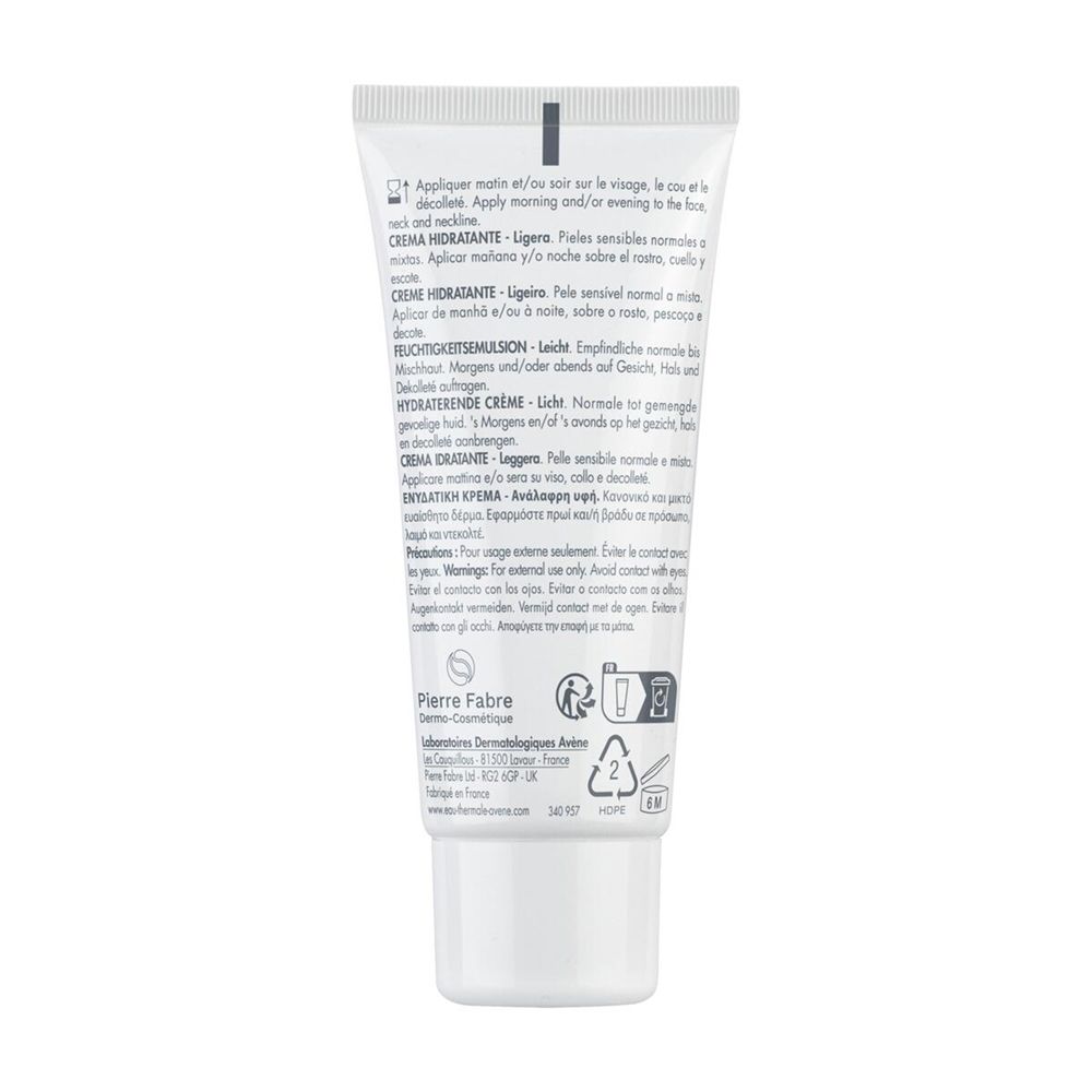 Retro di un tubo di crema idratante leggera Avene Hydrance con testo.